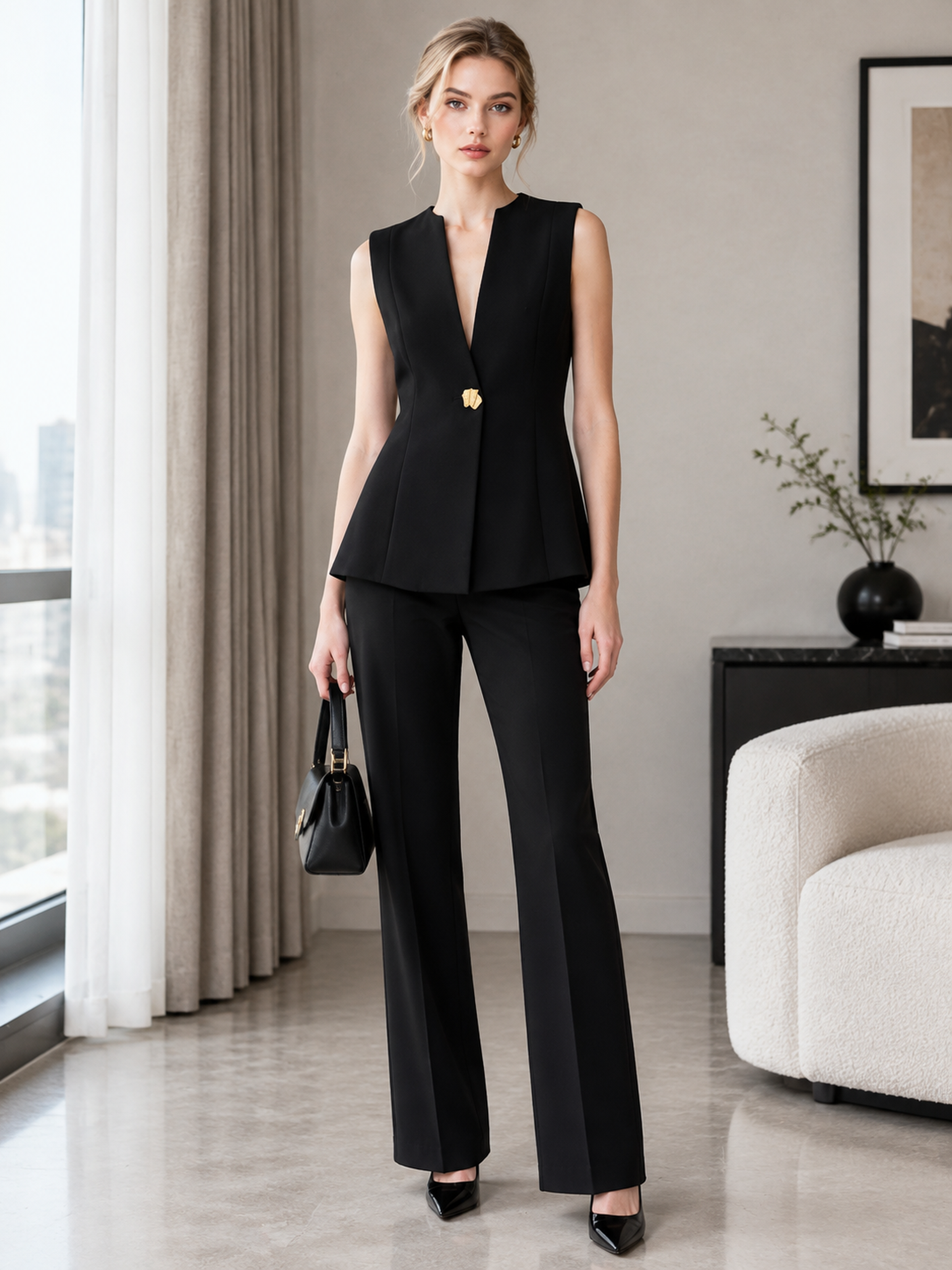 Black Deep‑V Sleeveless Tailored Blazer Vest With Decorative Gold Button C-43121