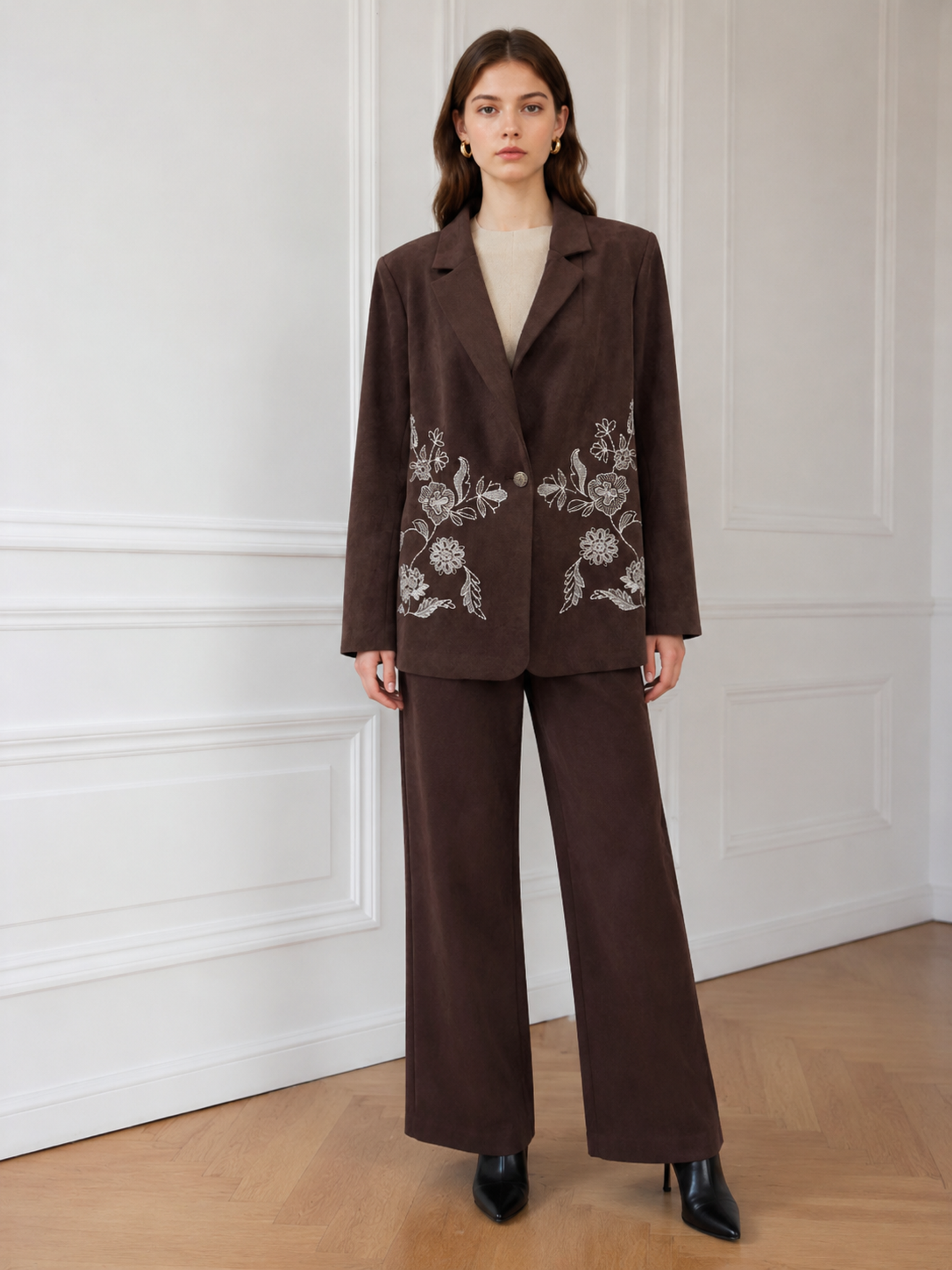 Dark Brown Floral‑Embroidered Single‑Button Casual Blazer Jacket C-43249