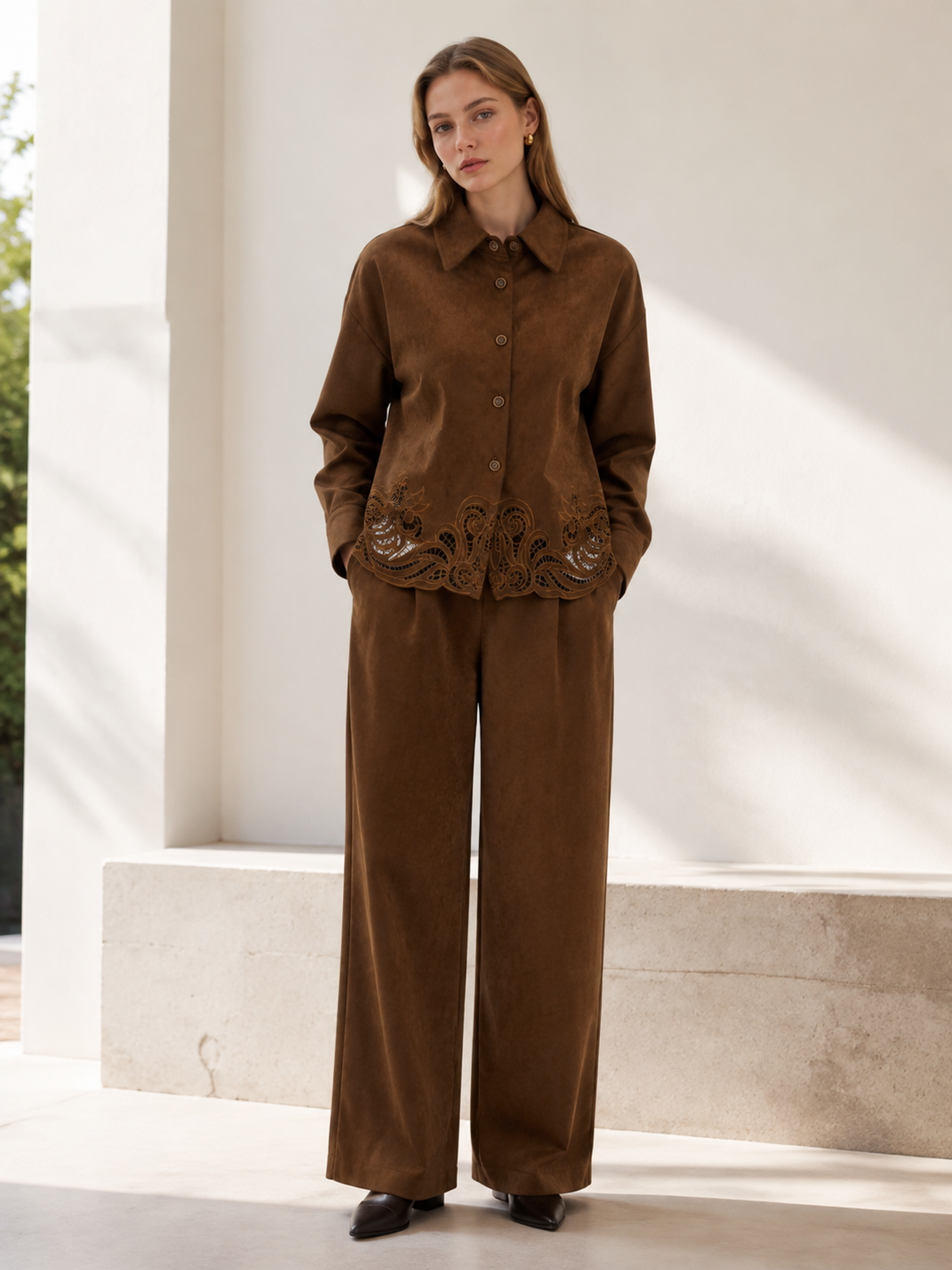 Boho‑Style Long‑Sleeve Button‑Down Cutwork Hem Casual Shirt C-43257