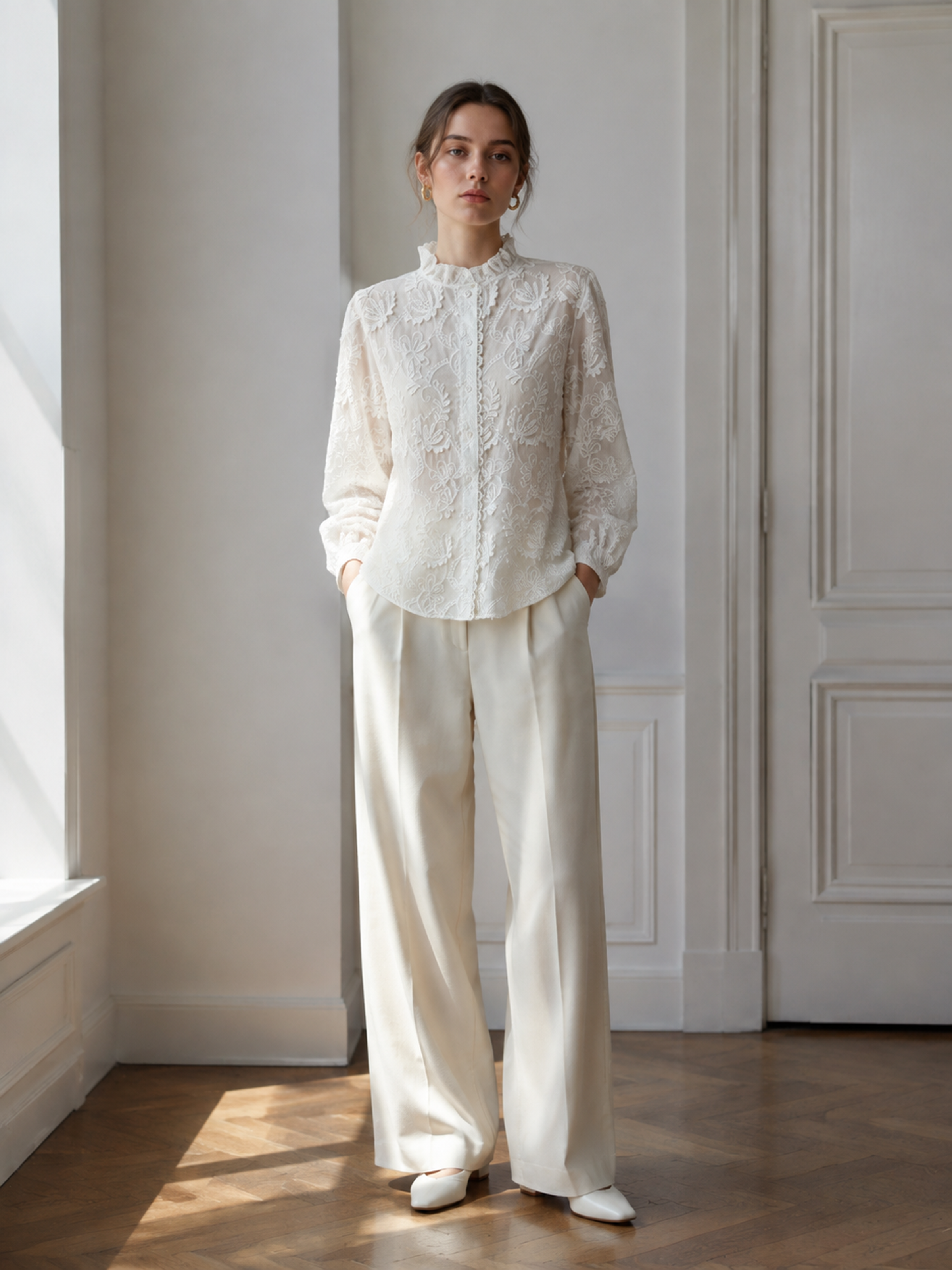 White Floral‑Embroidered Long‑Sleeve Blouse With Ruffled High Neck C-43258