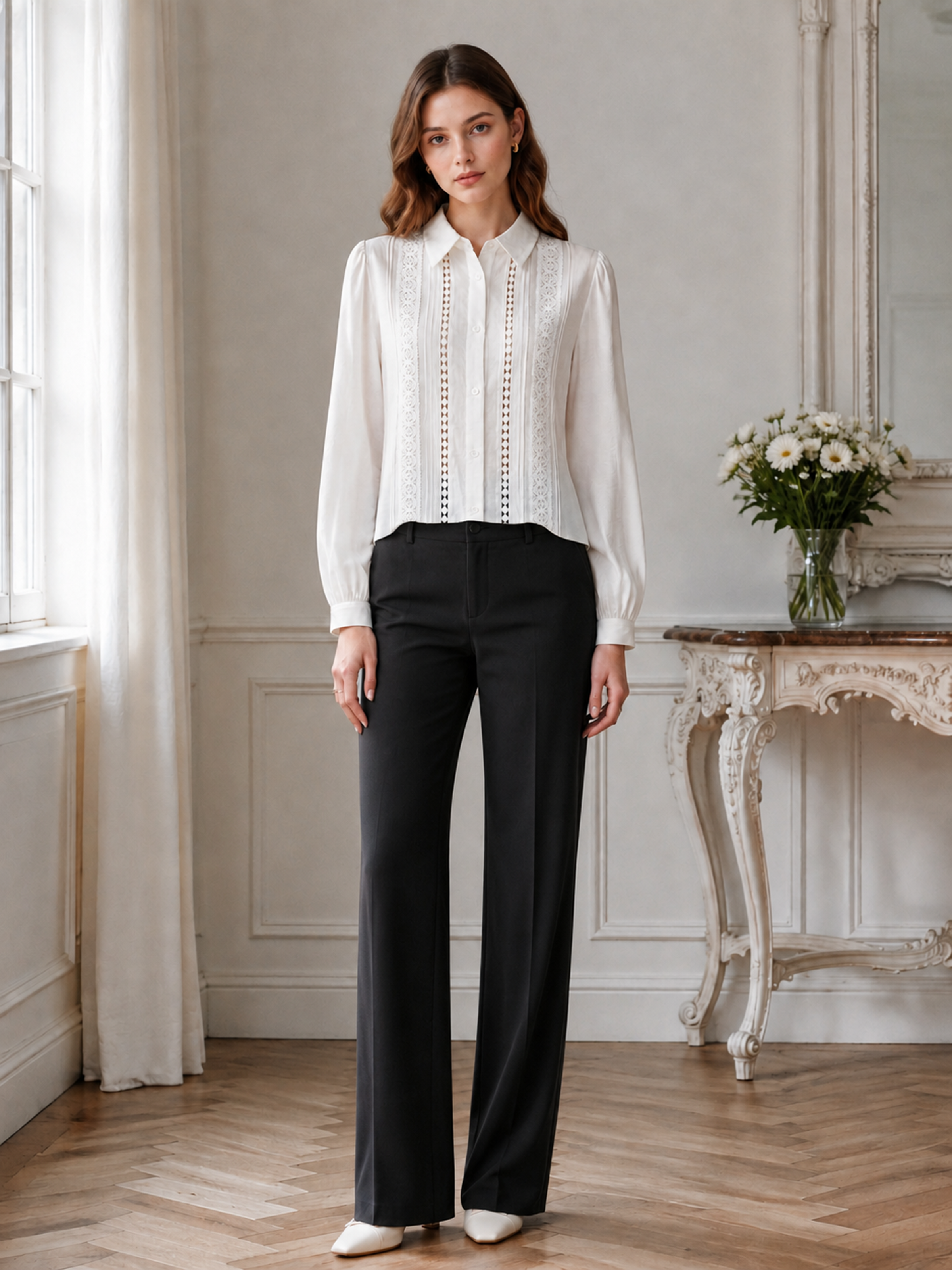 White Collared Long‑Sleeve Blouse With Vertical Lace‑Trim Panels C-43309