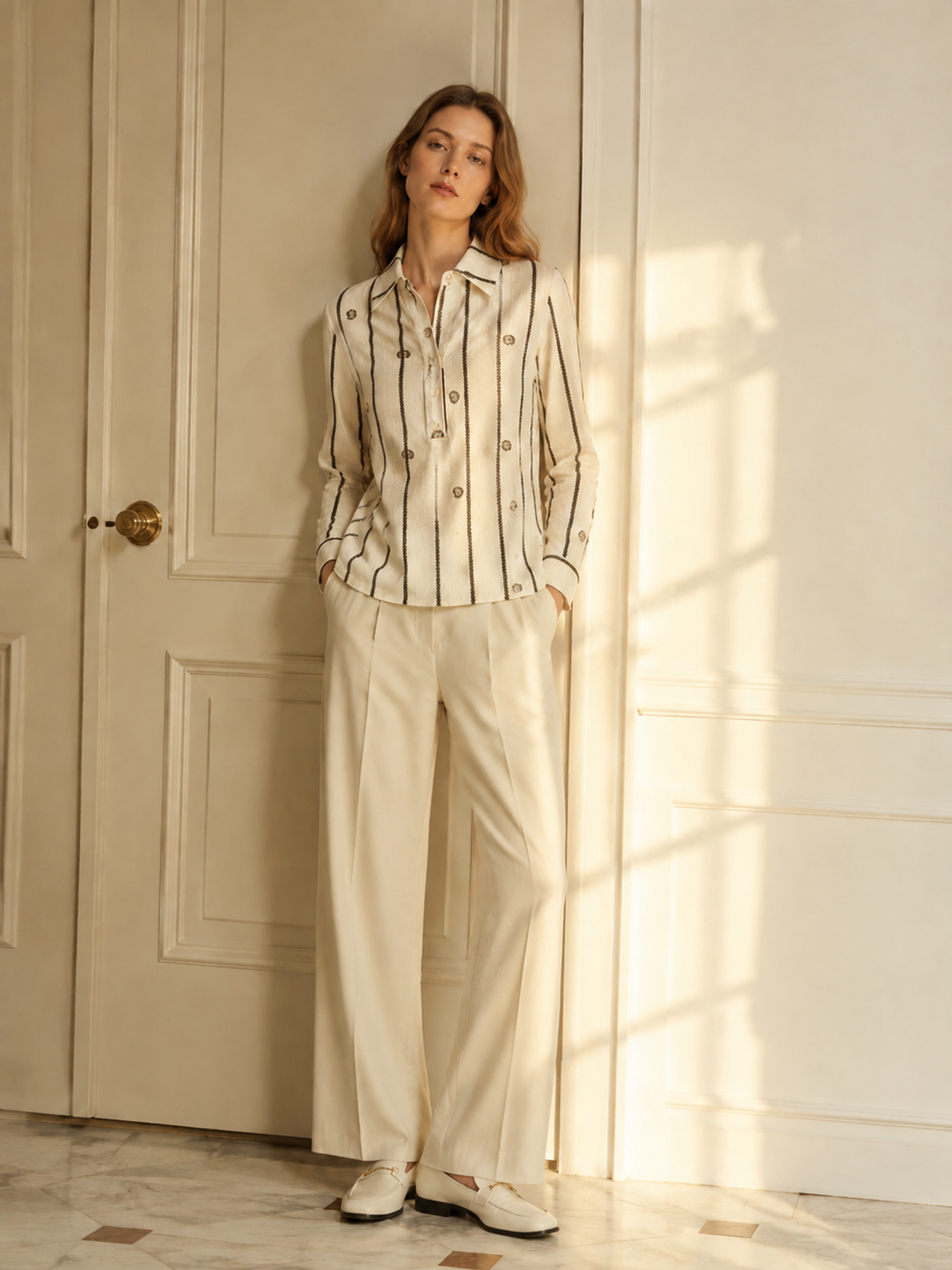 Off‑White Vertical‑Stripe Paisley‑Embroidered Henley Collar Long‑Sleeve Blouse D-42992