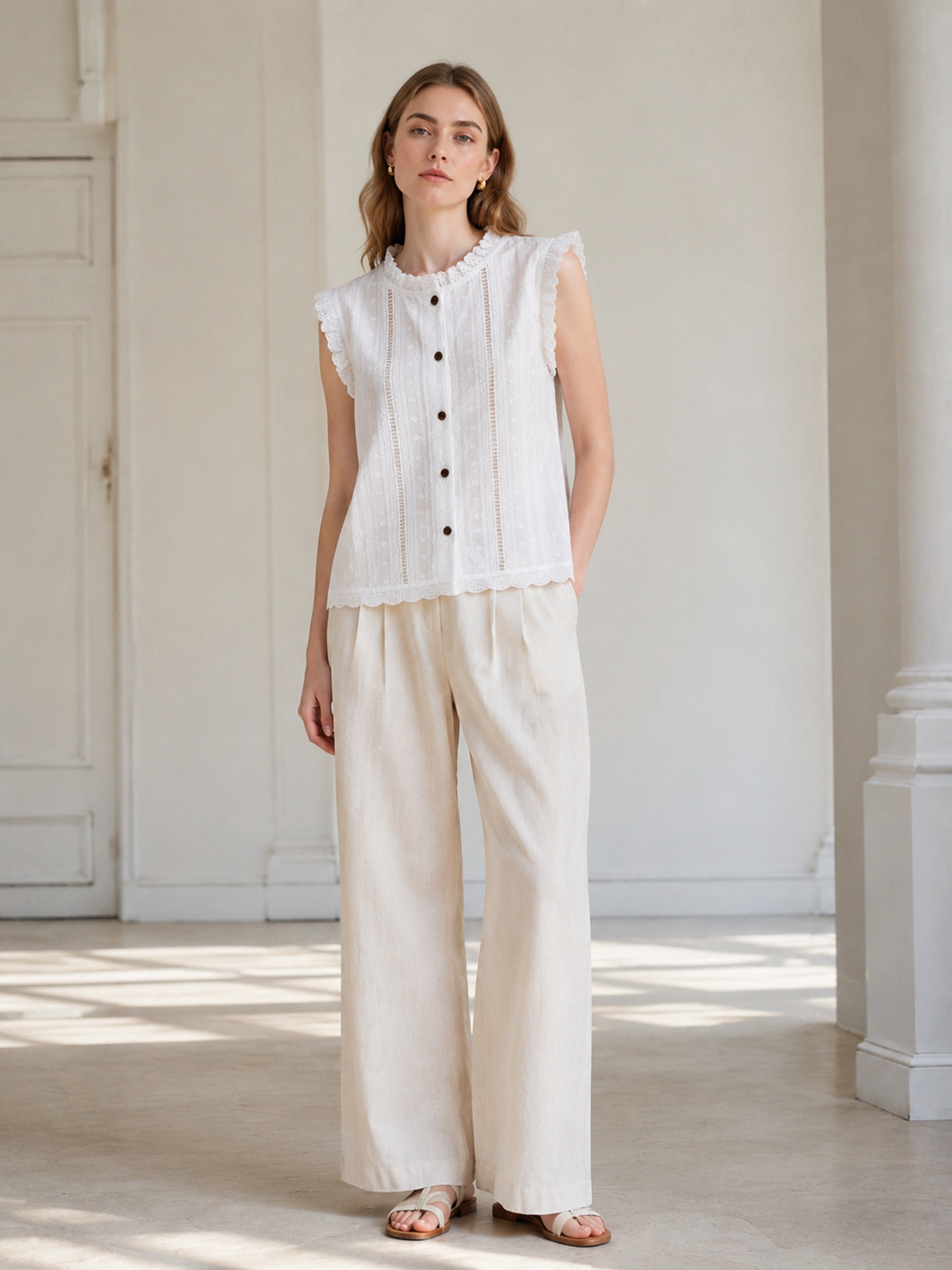 White Cut‑Work Embroidered Sleeveless Blouse With Ruffled Neck & Lace Trim D-43034