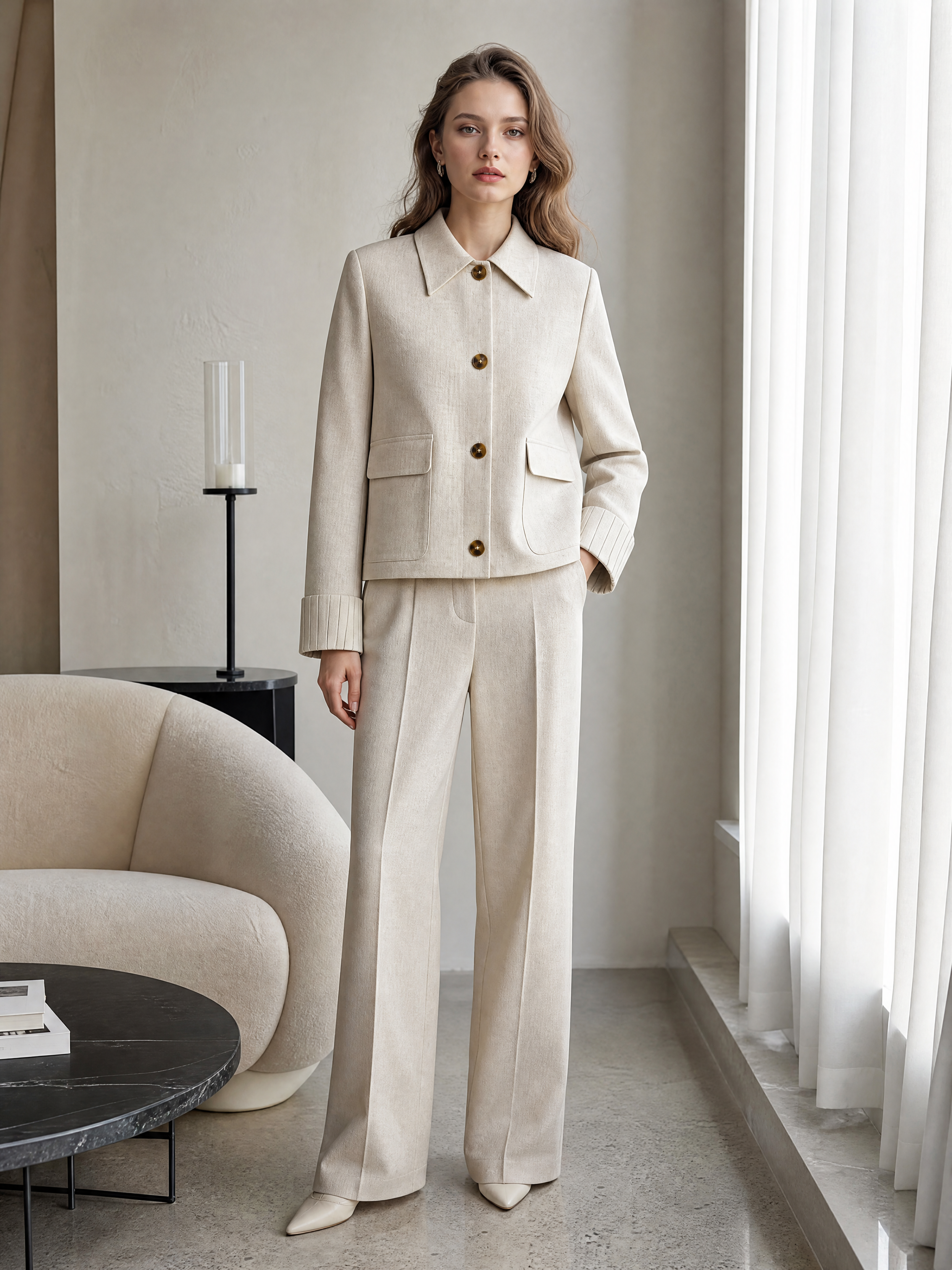 Oat‑Beige Linen‑Blend Cropped Jacket With Point Collar & Patch Pockets K-41661