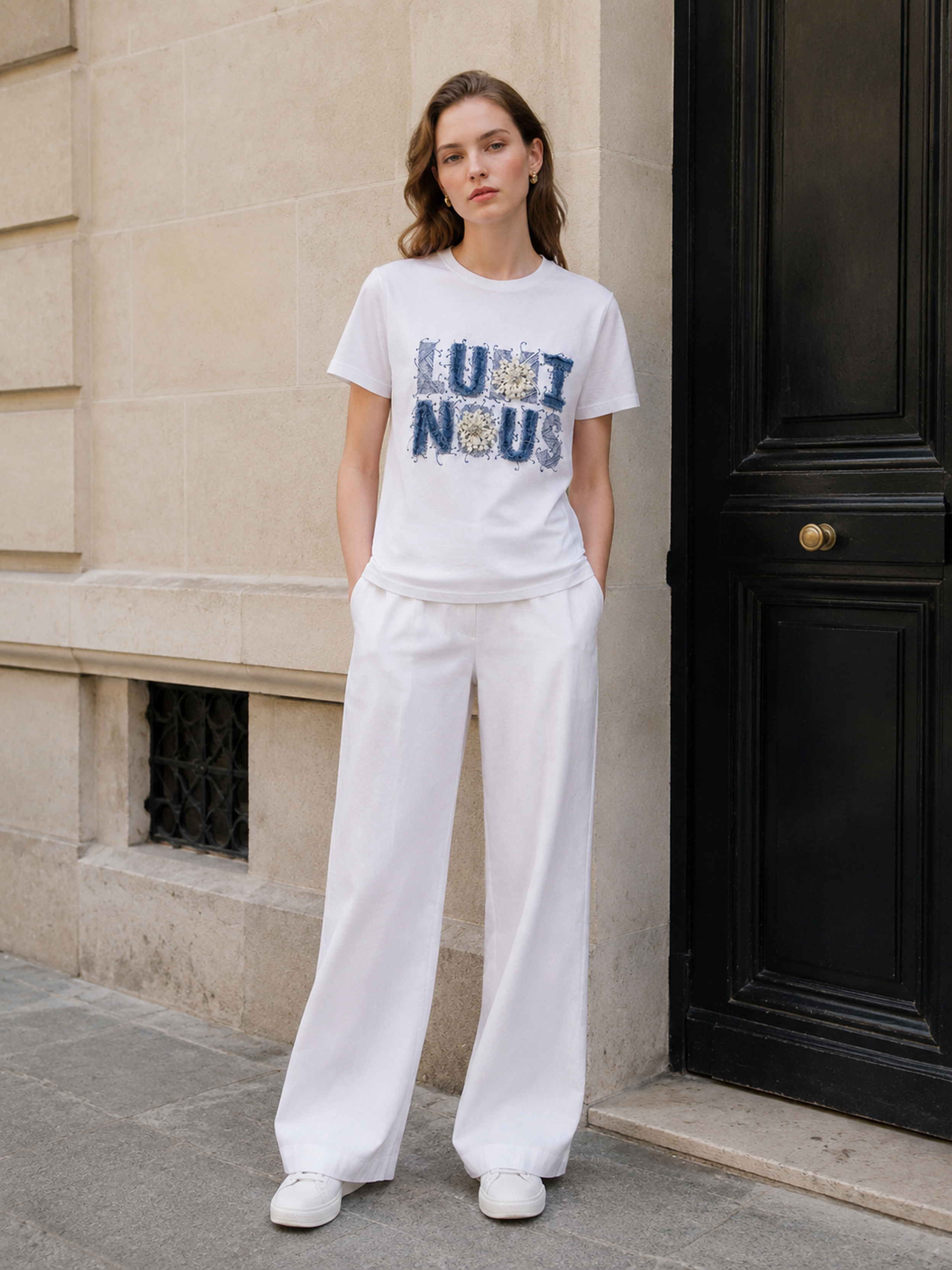 White Crew‑Neck Short‑Sleeve T‑Shirt With Denim Letter Applique & Beaded Floral Embellishment M-42129-22