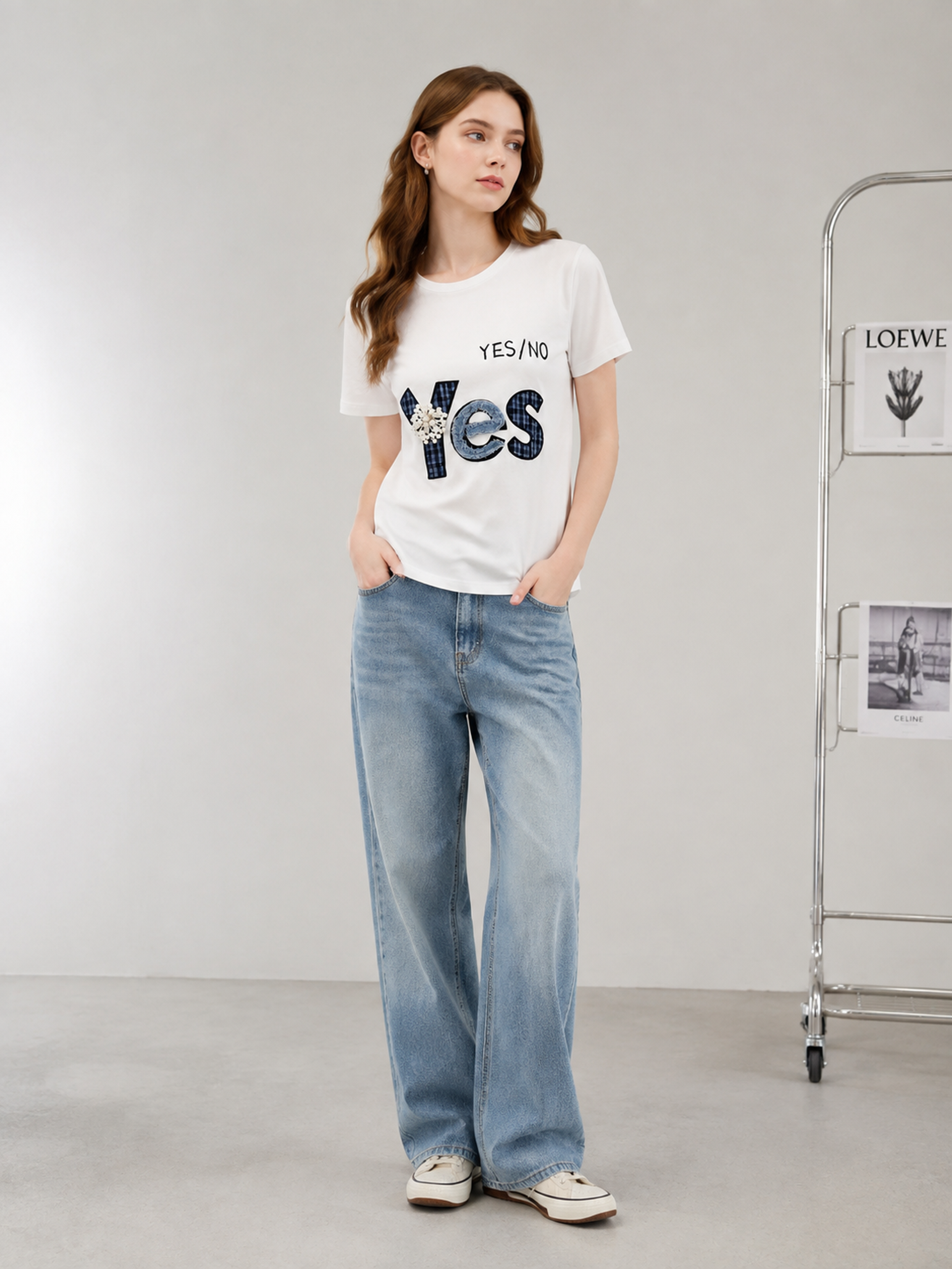 White Crew‑Neck Cotton T‑Shirt, Plaid Letter Applique With Beaded Flower Embellishment M-42129-24