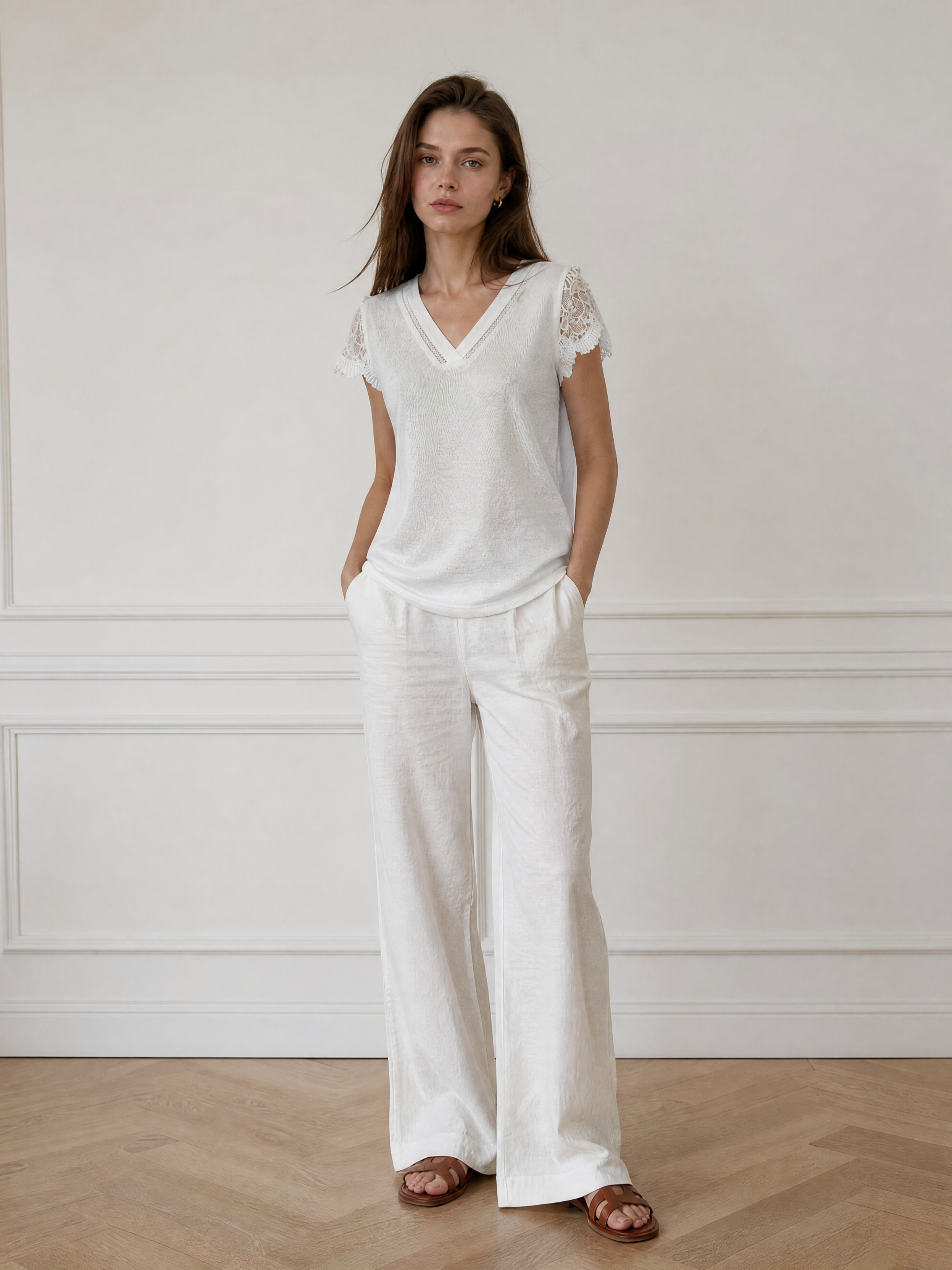 White V‑Neck Knit Top With Hollow‑Out Trim & Crochet Lace Cap Sleeves M-42248
