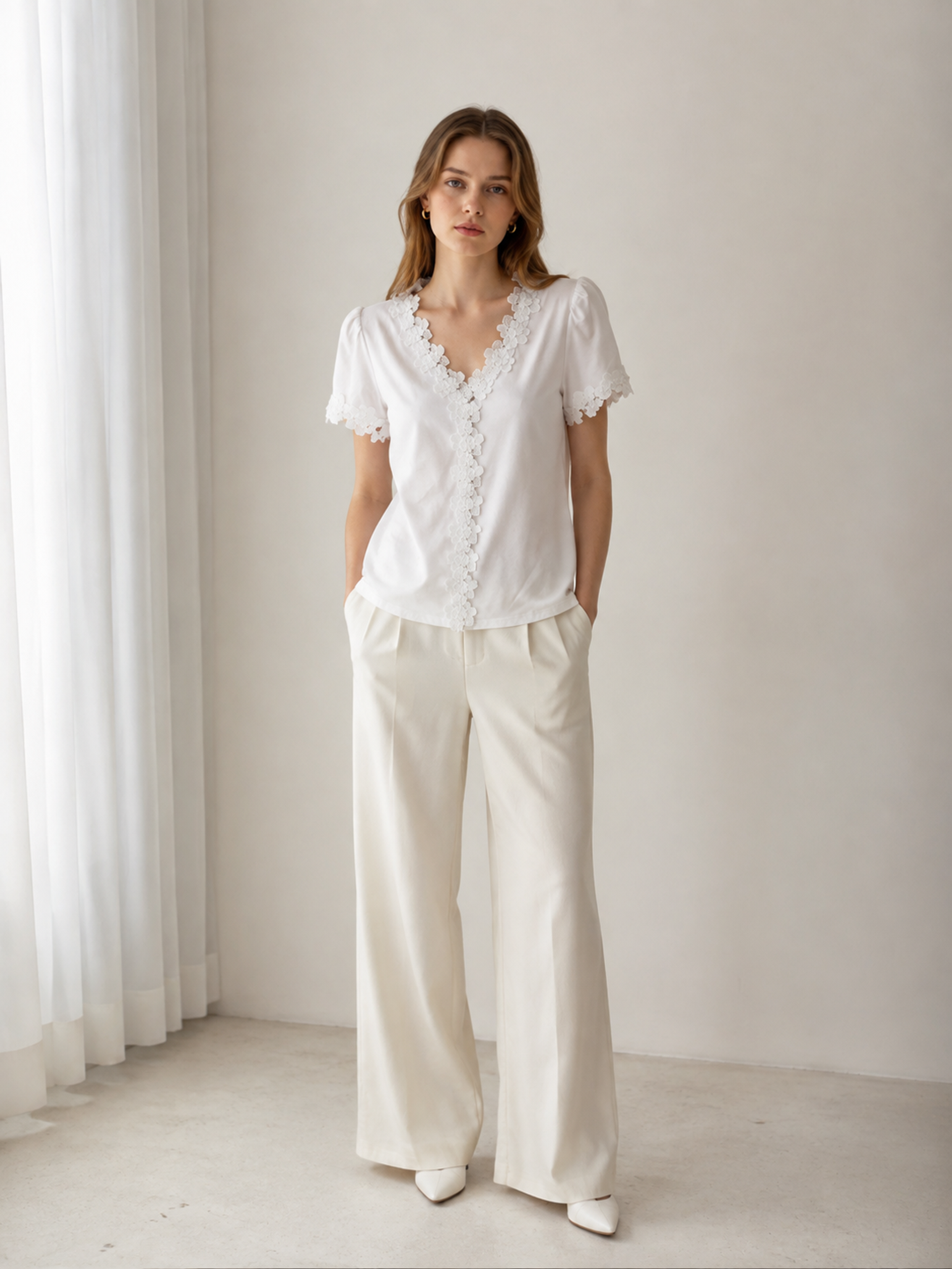 White V‑Neck Puff‑Sleeve Top With Floral Lace Trim Along Neckline & Cuffs M-42670