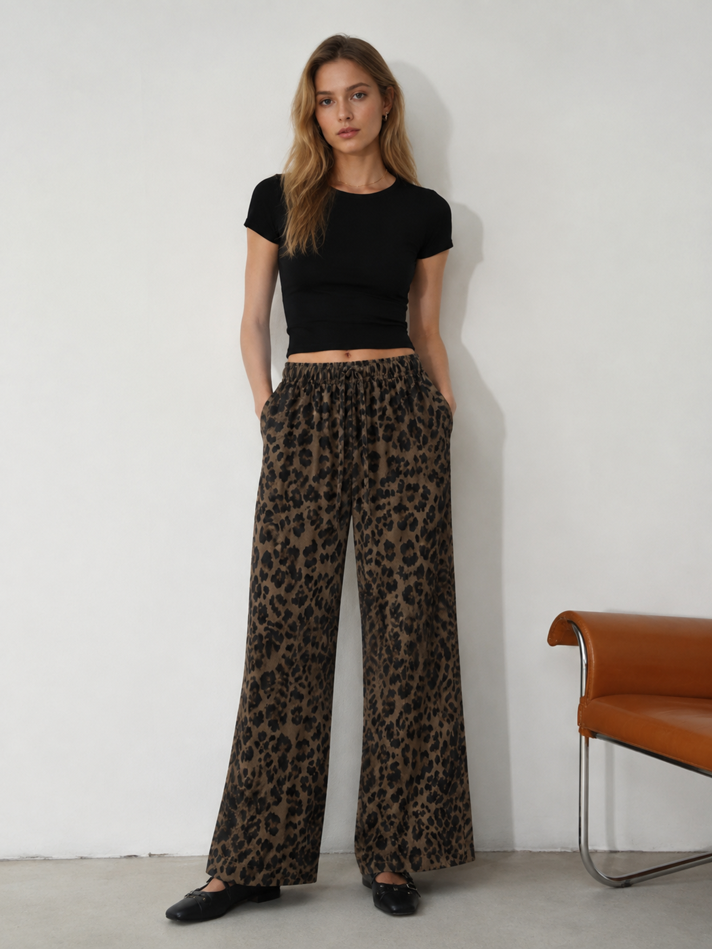 Brown‑Black Leopard Print Wide‑Leg Long Pants, Elastic High‑Waist Flowy Trousers W-43064