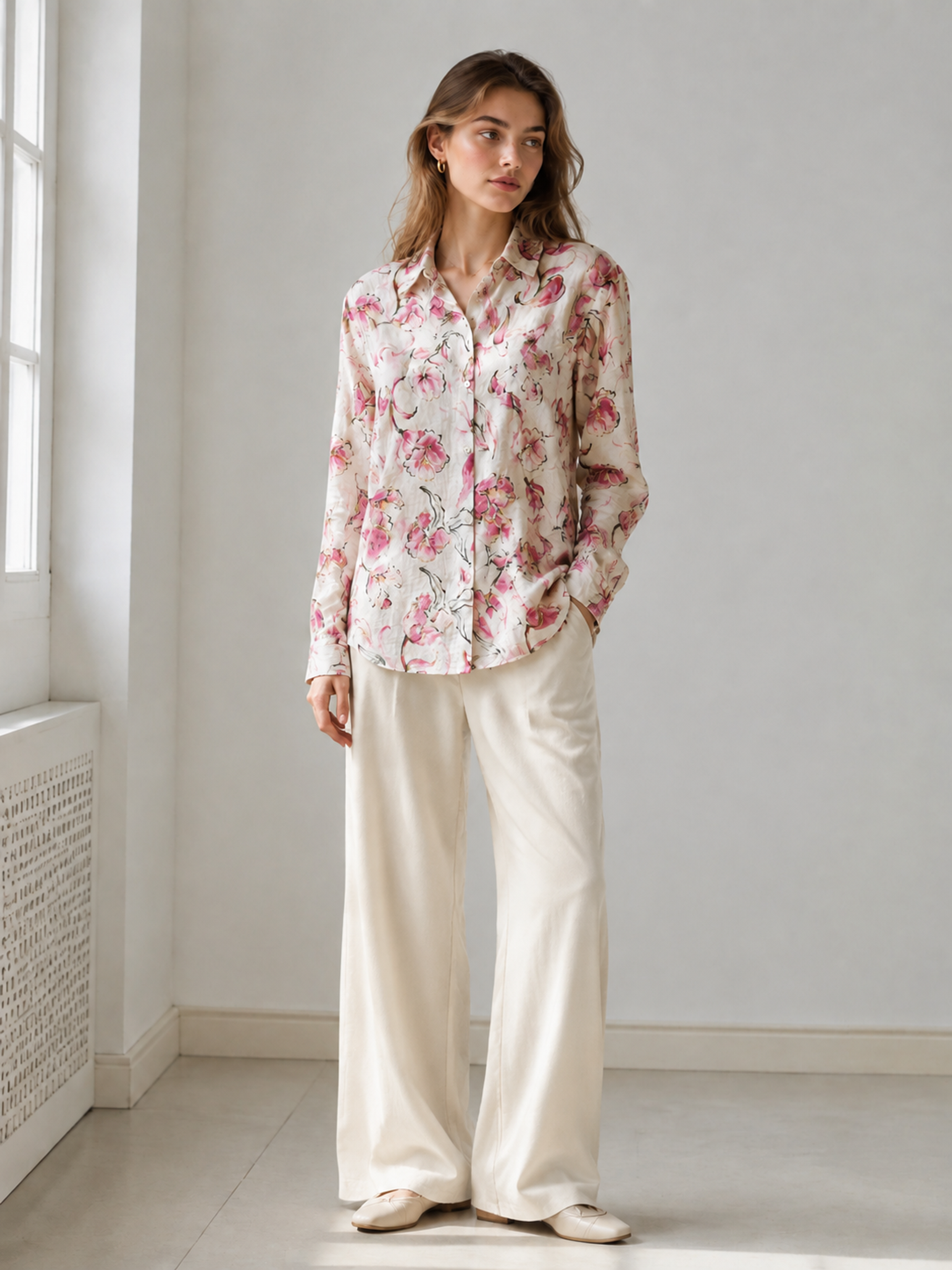 Vintage‑Inspired Pink Flower Print Textured‑Fabric Loose Button‑Up Shirt W-43128