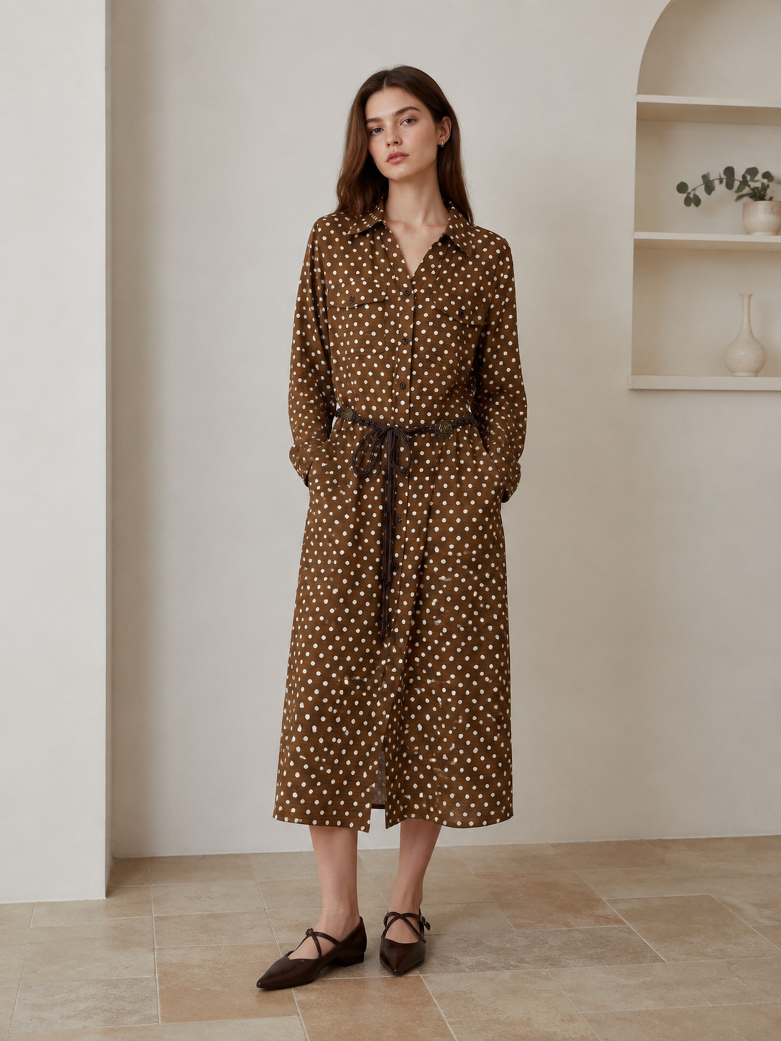 Elegant Coffee‑Color Polka‑Dot Long‑Sleeve Midi Dress For Office & Daily Outfit W-43315