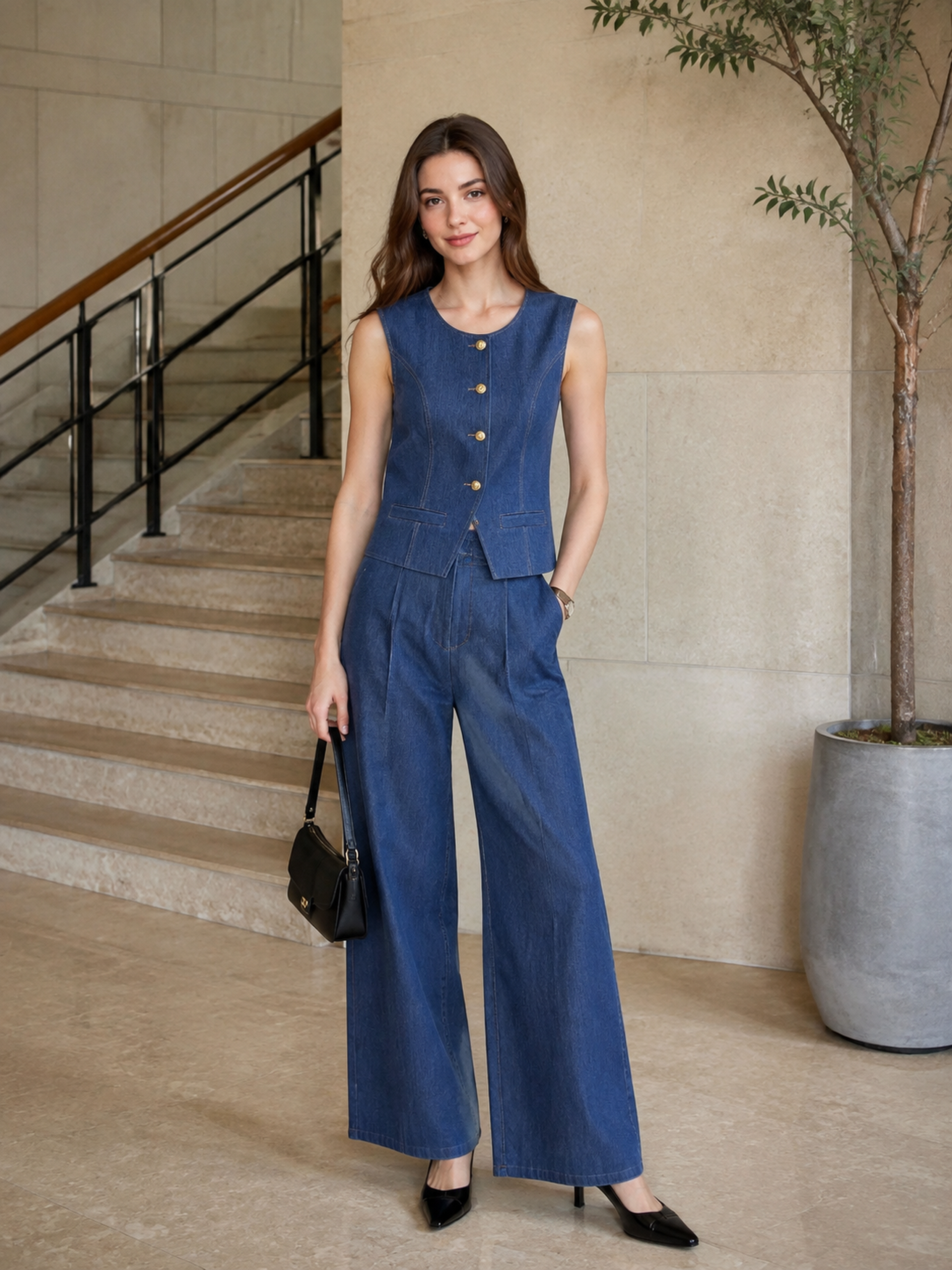 Women's Blue Fitted Denim Waistcoat Vest, Round‑Neck Sleeveless Gold‑Button‑Front Pocket Casual Layering Top C-41270