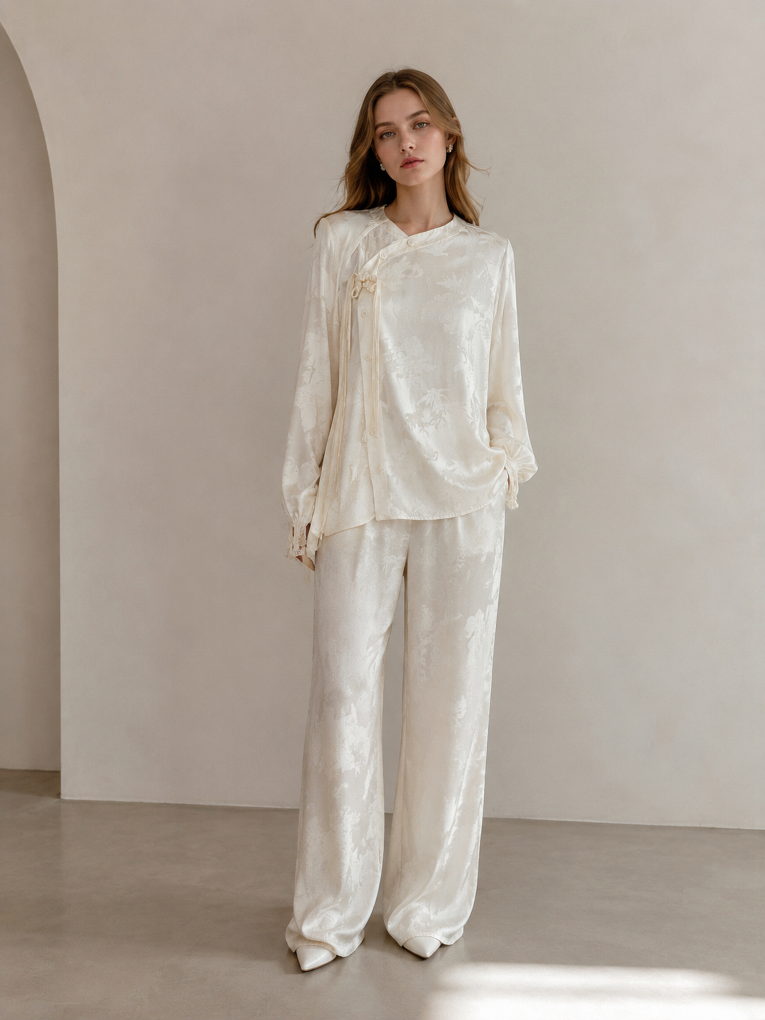 Elegant White Satin Frog‑Button Tunic Shirt, New Chinese‑Style Round‑Neck Long‑Sleeve Loose‑Fit Jacquard Dressy Blouse W-38227