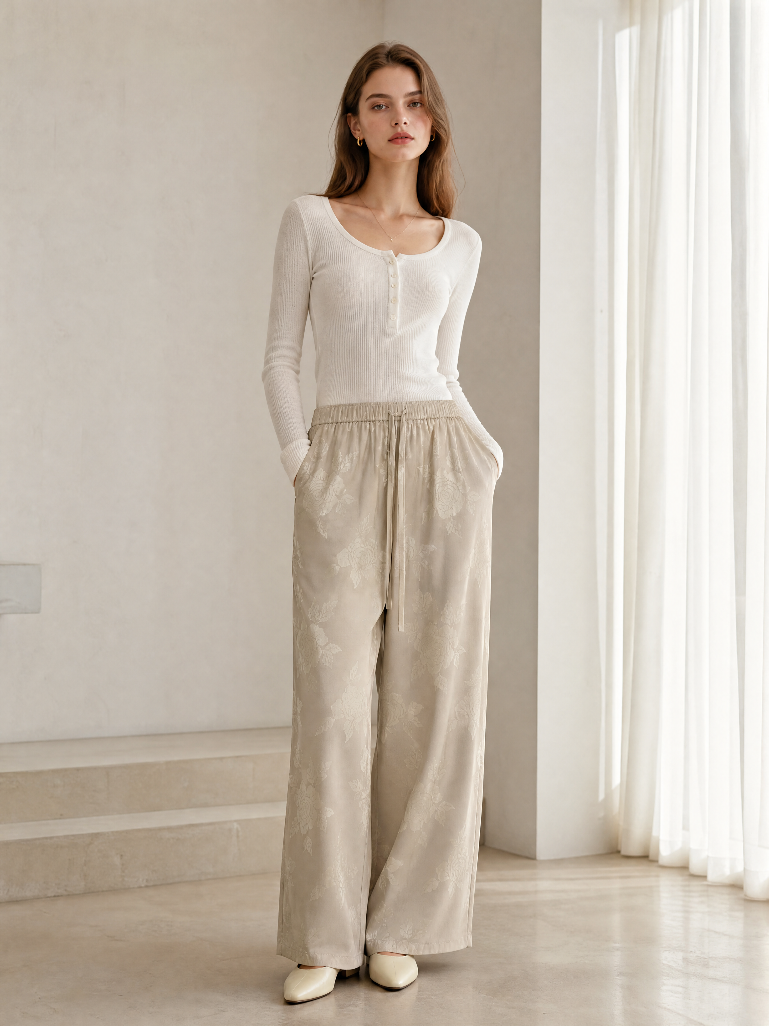 Women's Beige Floral Jacquard Wide‑Leg Pants, Elastic Waist Drawstring High‑Waist Flowy Satin Loose‑Fit Long Trousers W-38546