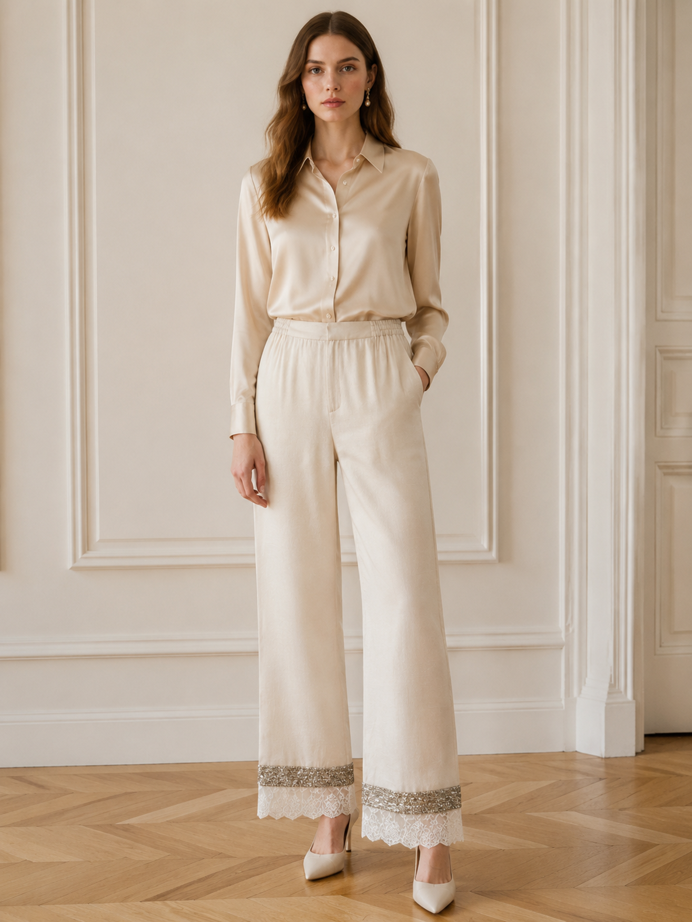Women's Cream Lace‑Sequin‑Trim Wide‑Leg Pants, High‑Waist Half‑Elastic Waist Flowy Loose‑Fit Long Trousers W-40484