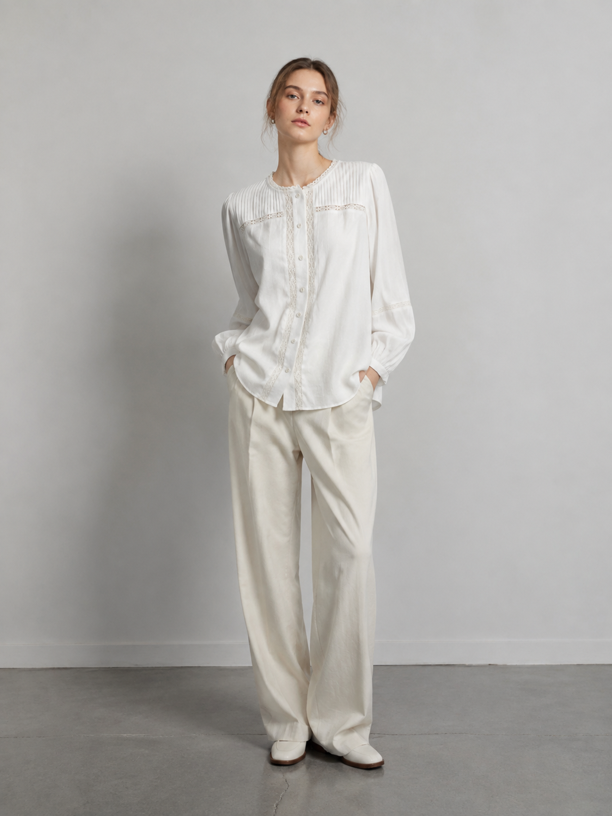 Vintage White Lace Trim Round‑Neck Blouse, Lantern Puff Long‑Sleeve Button‑Front Top Y-39797
