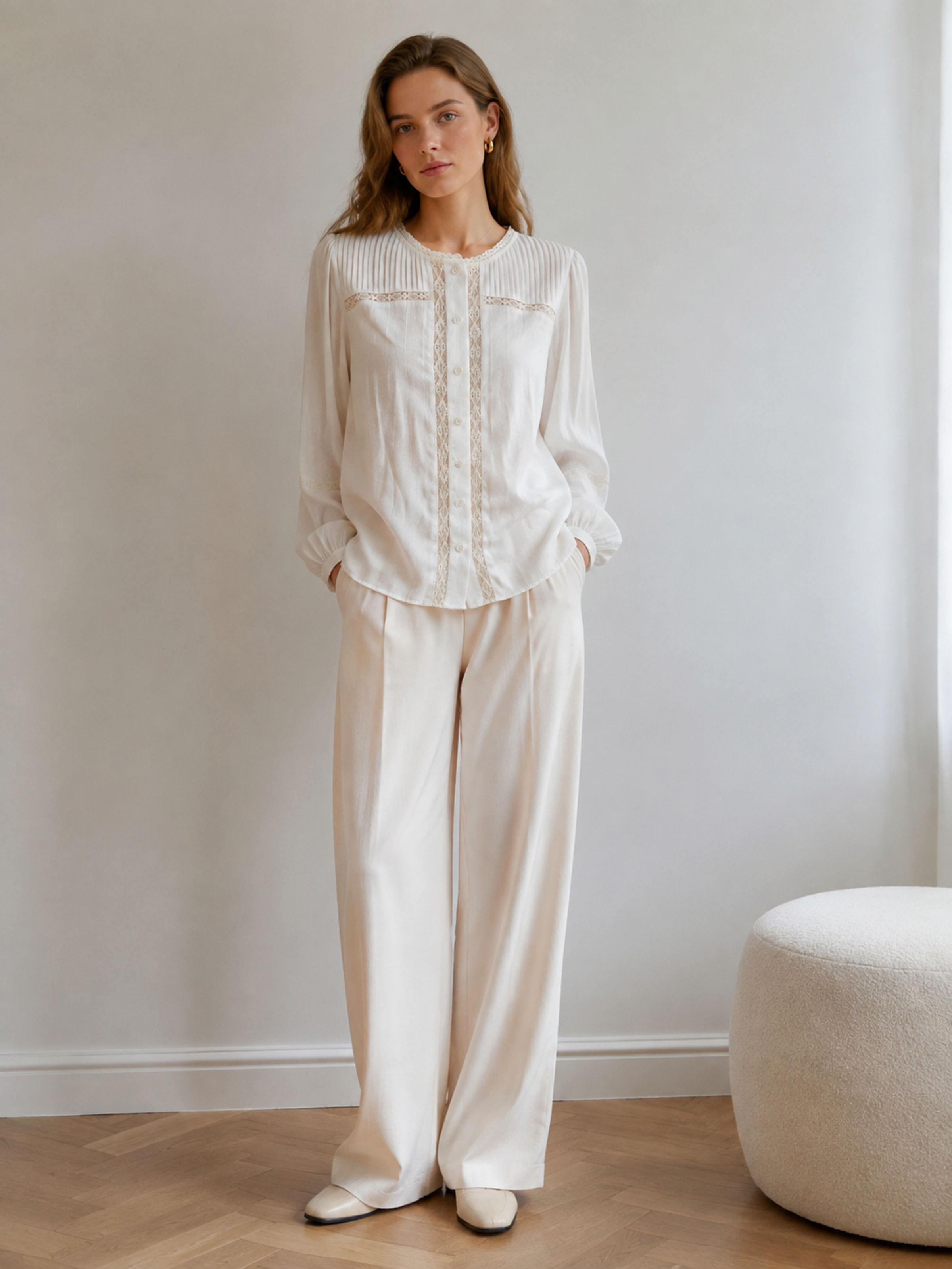 Vintage White Lace Trim Round‑Neck Blouse, Lantern Puff Long‑Sleeve Button‑Front Top Y-39797