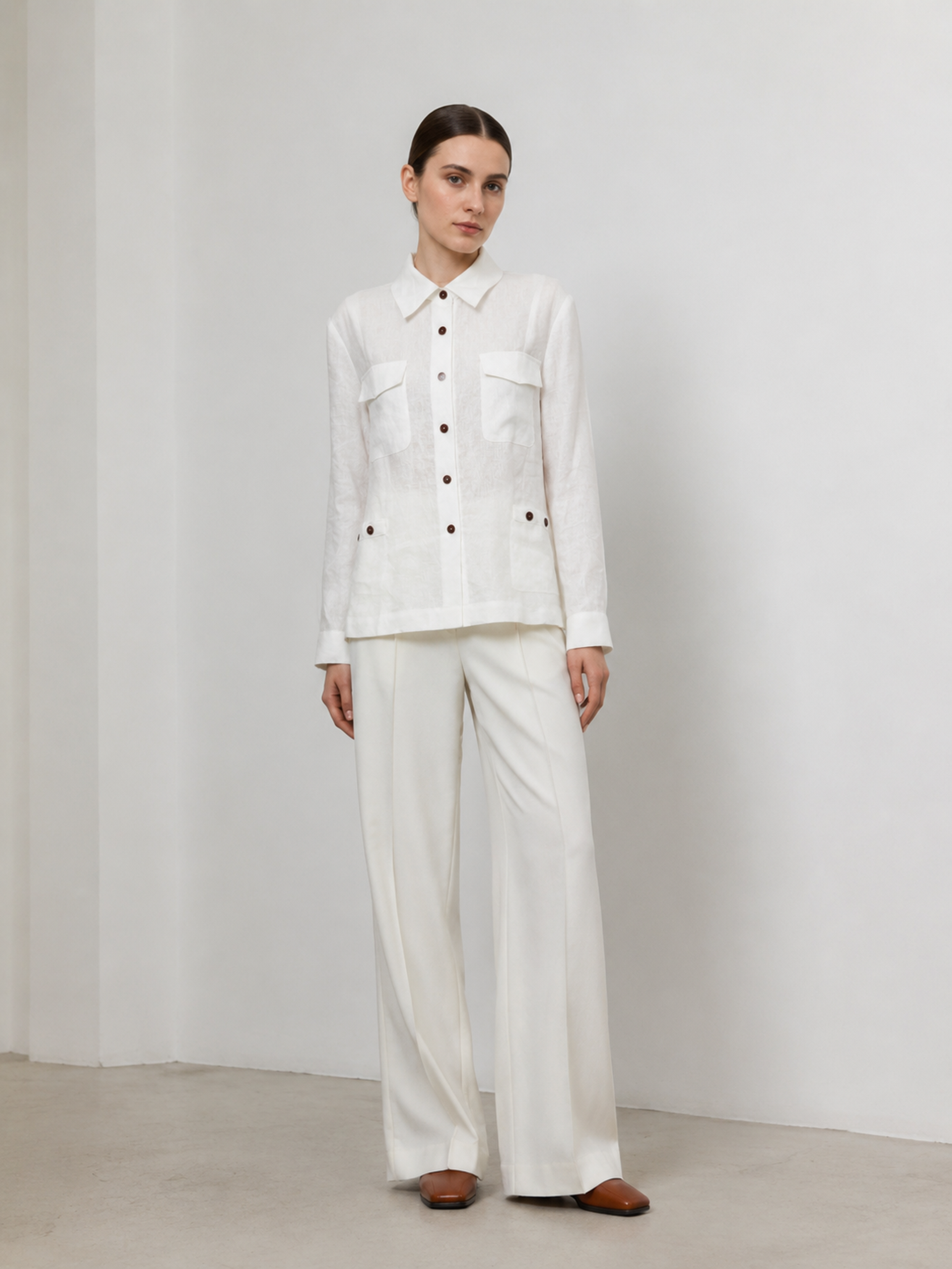 Vintage‑Style White Linen Safari‑Inspired Button‑Front Long‑Sleeve Overshirt W-43602