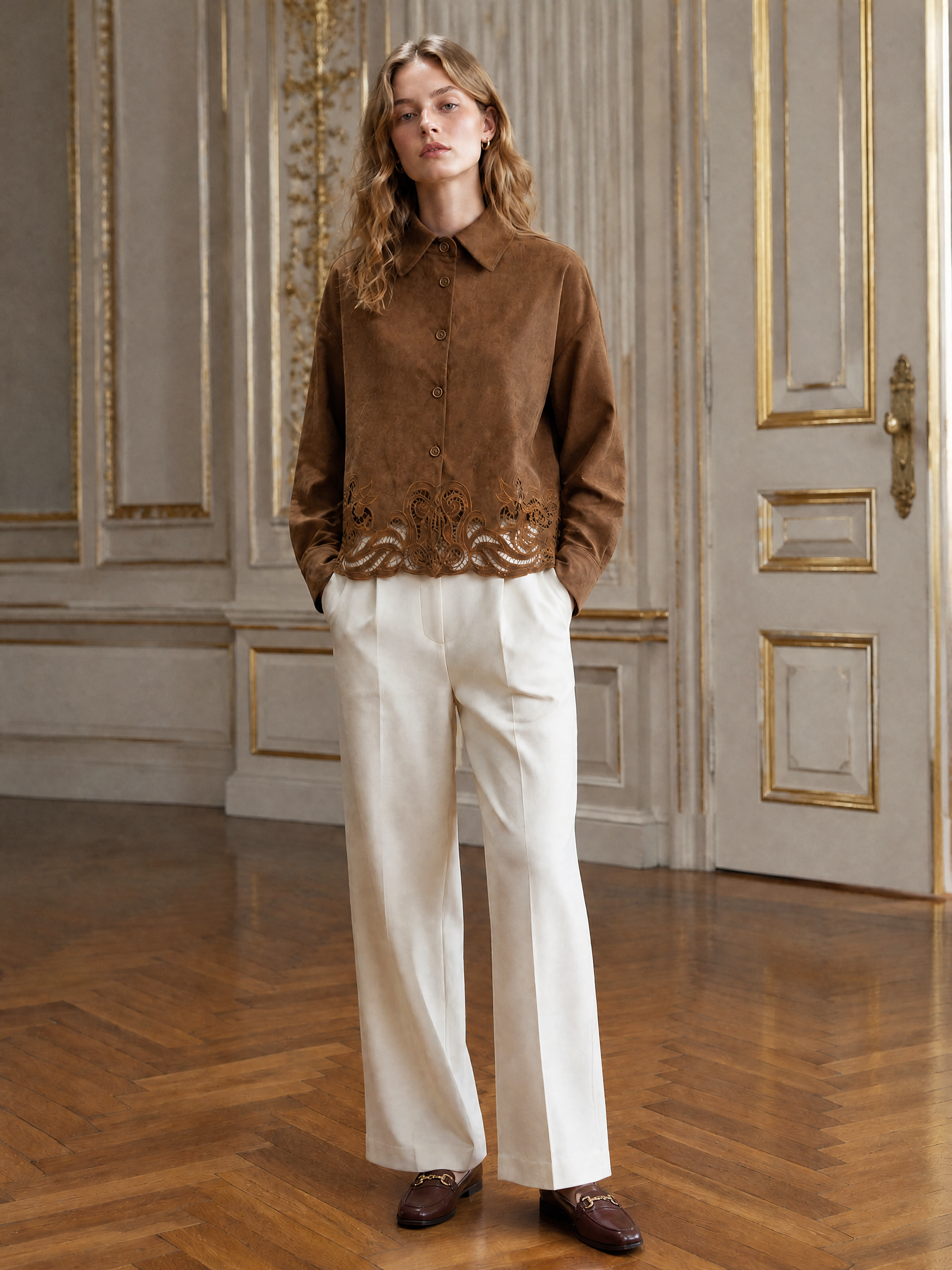 Boho‑Style Long‑Sleeve Button‑Down Cutwork Hem Casual Shirt C-43257