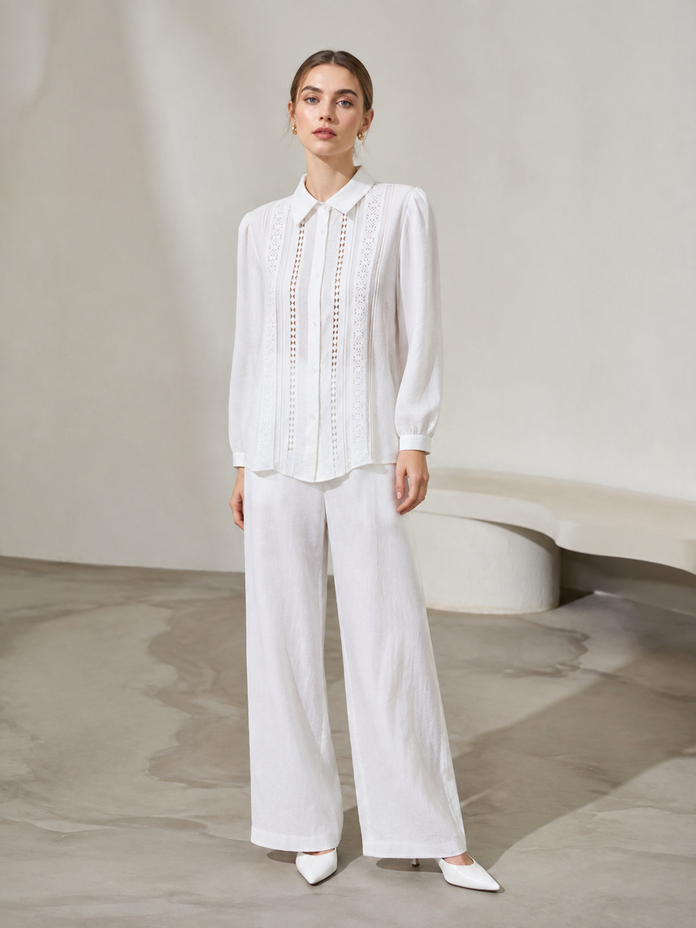 White Floral‑Embroidered Long‑Sleeve Blouse With Ruffled High Neck C-43258