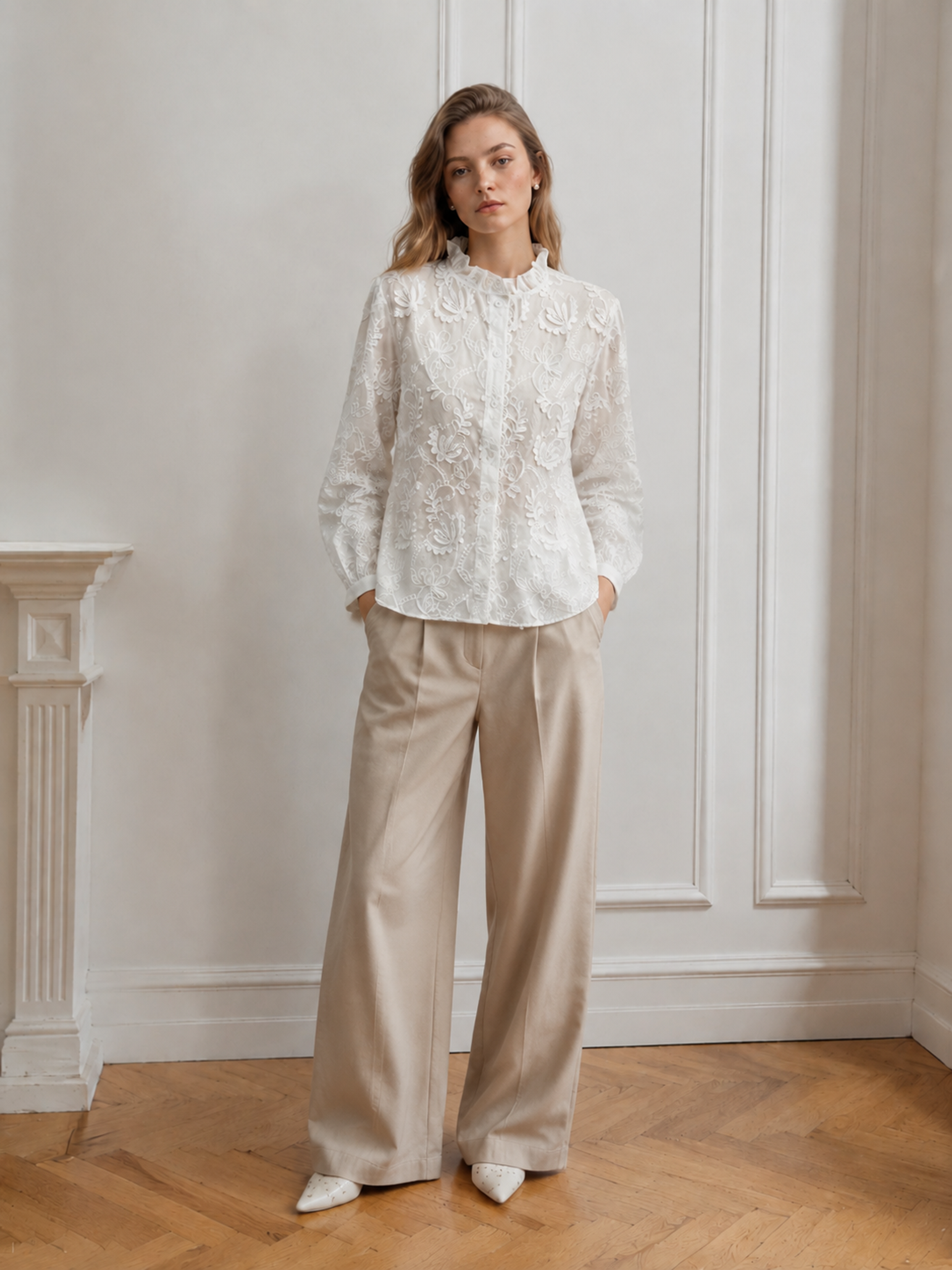 White Floral‑Embroidered Long‑Sleeve Blouse With Ruffled High Neck C-43258