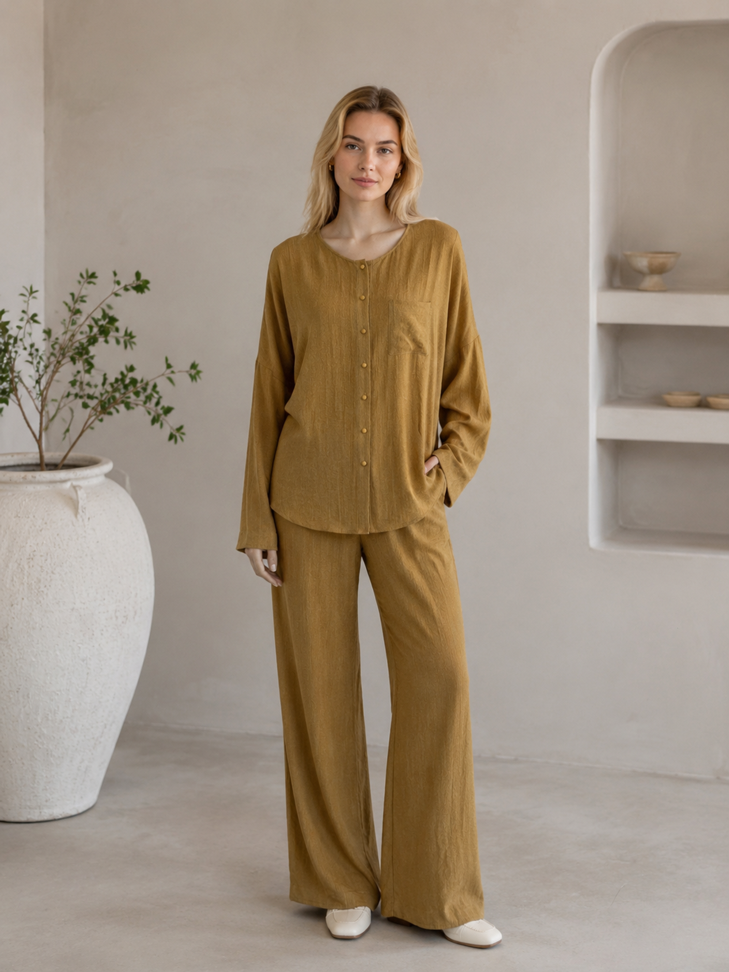 Boho‑Chic Oversized Batwing‑Sleeve Linen Shirt With Patch Pocket, Irregular Curved Hem W-43061