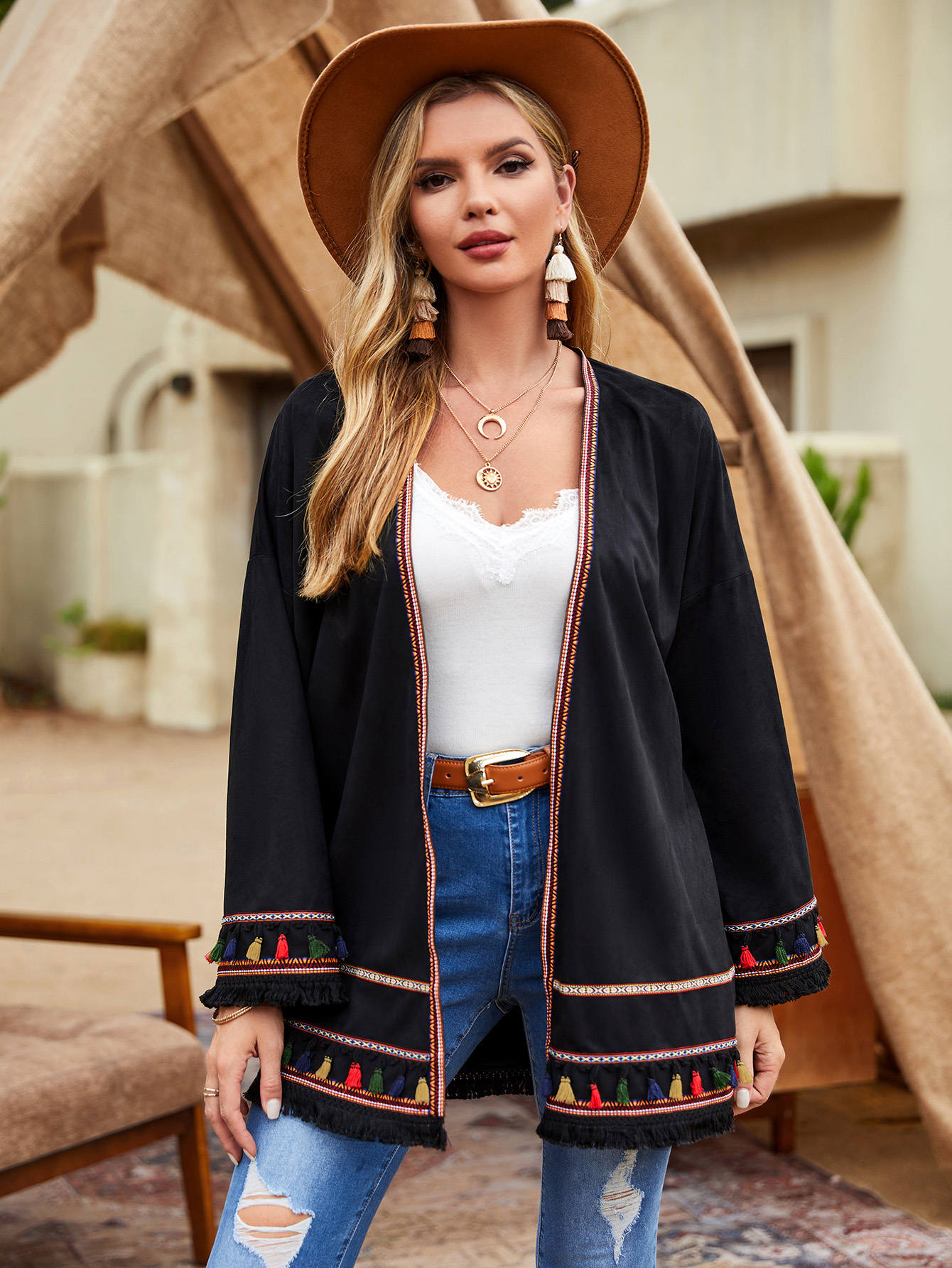 Bohemian Embroidered Fringe Cardigan