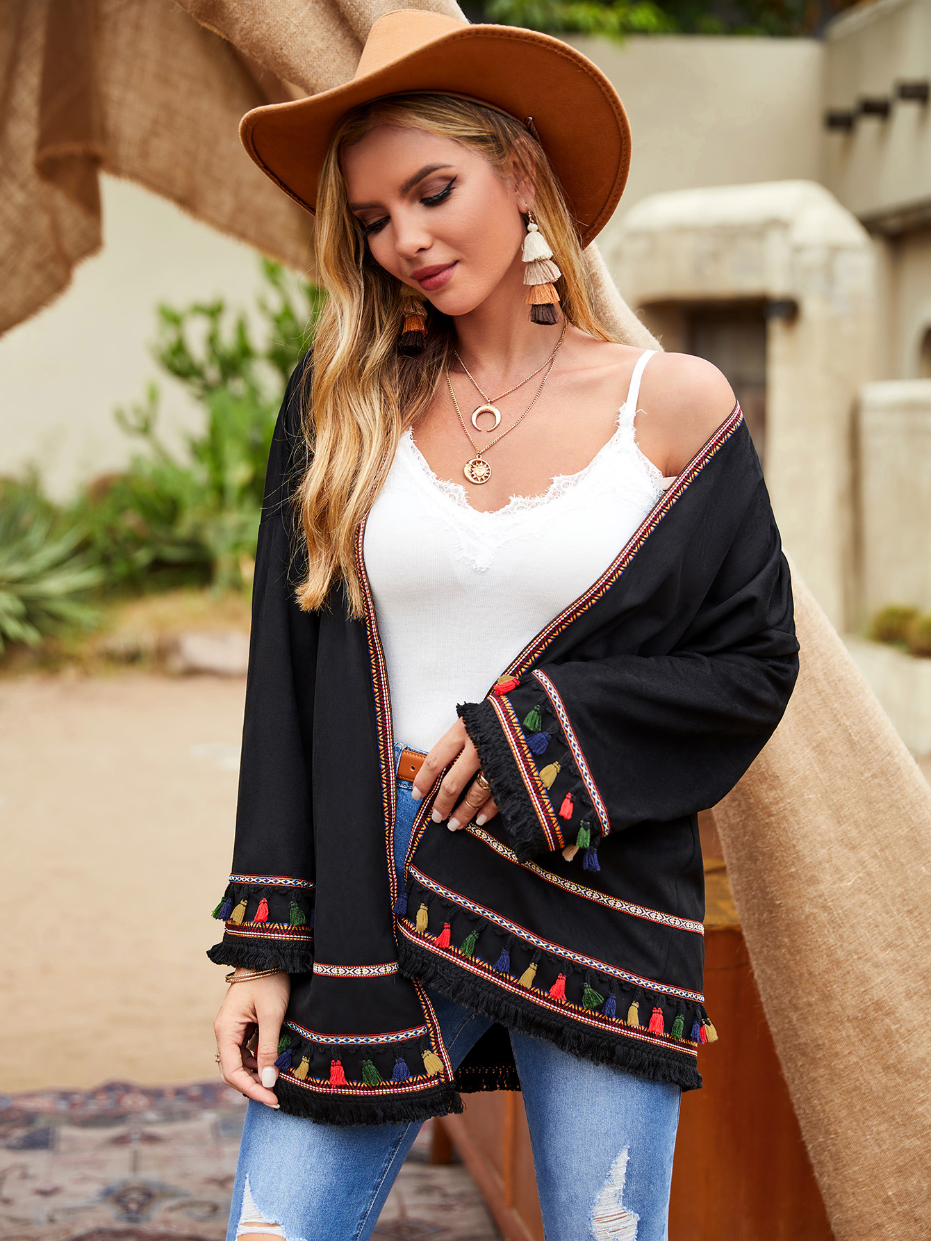 Bohemian Embroidered Fringe Cardigan