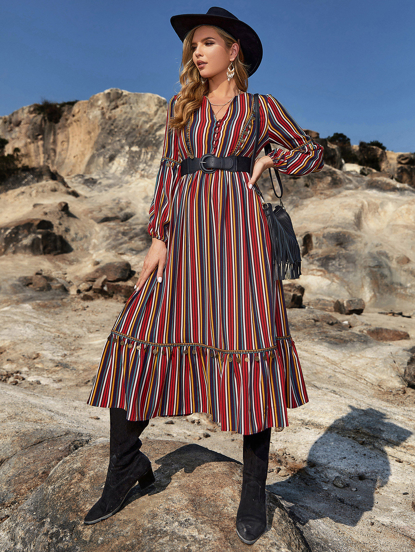 Women’s Boho Ethnic Stripe Midi Dress – Long Sleeve Western Style D-33880