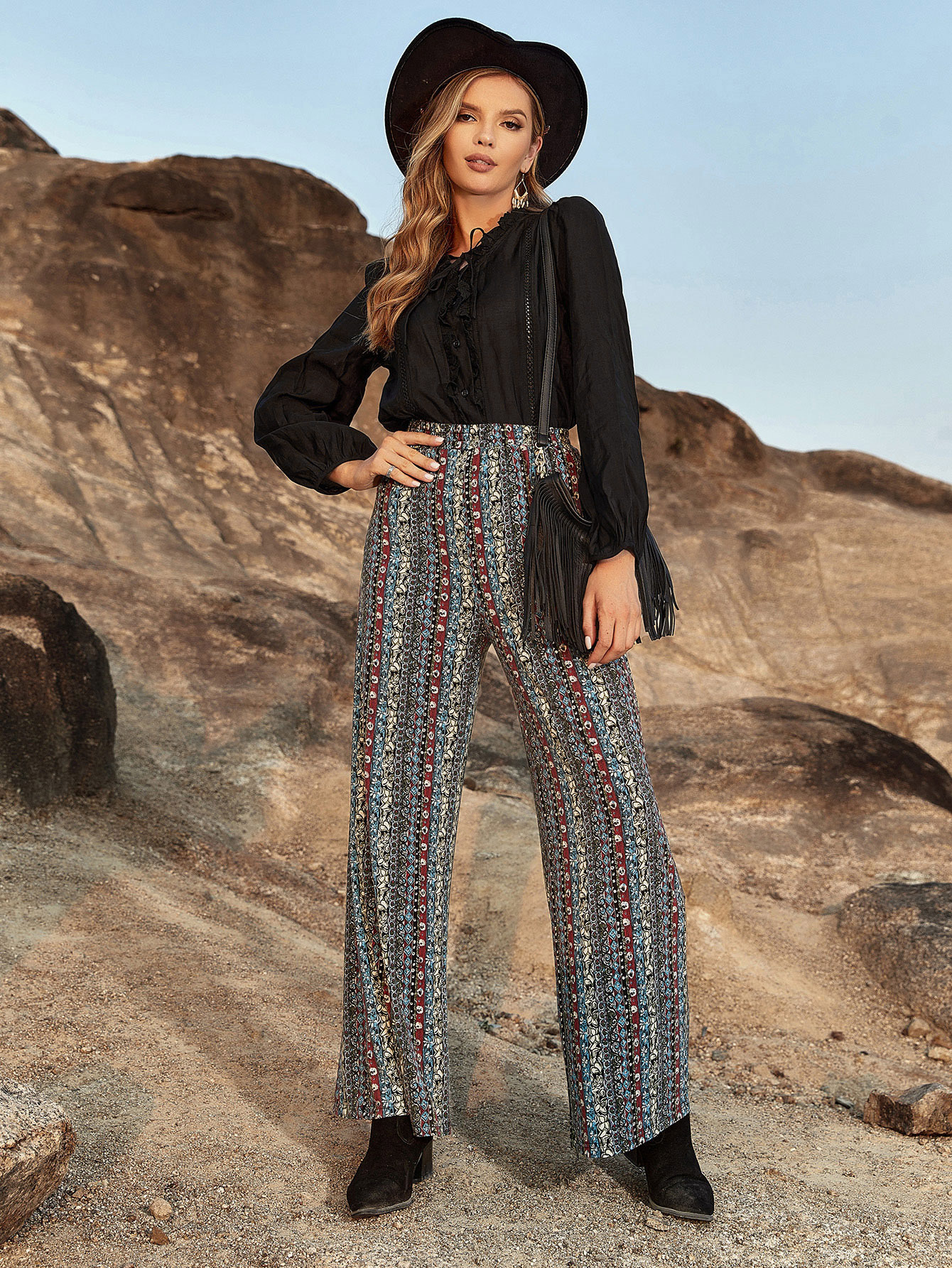 Women’s Boho Print High Waist Wide Leg Pants M-33808
