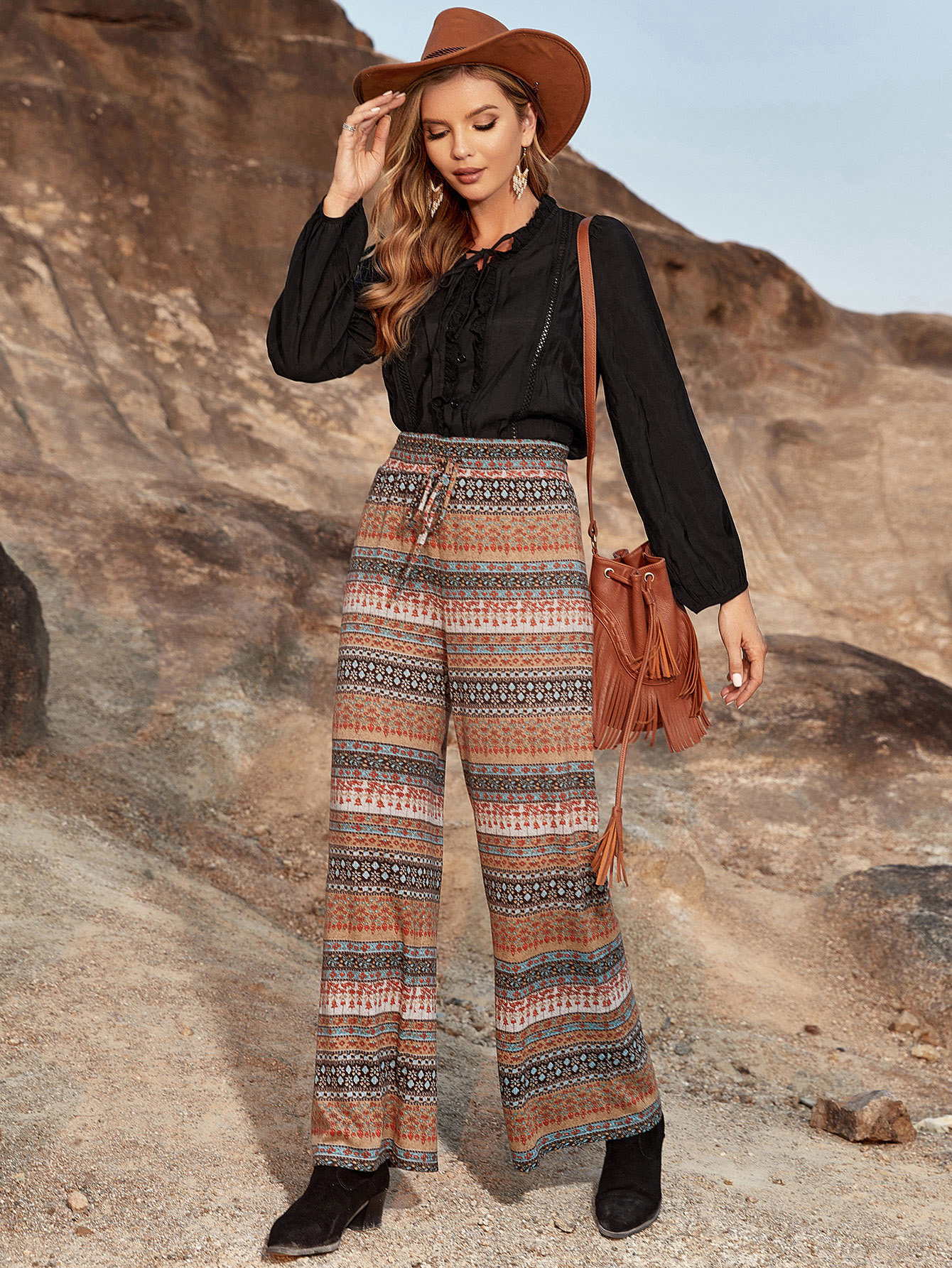 Women’s Boho Print High Waist Wide Leg Pants M-33809