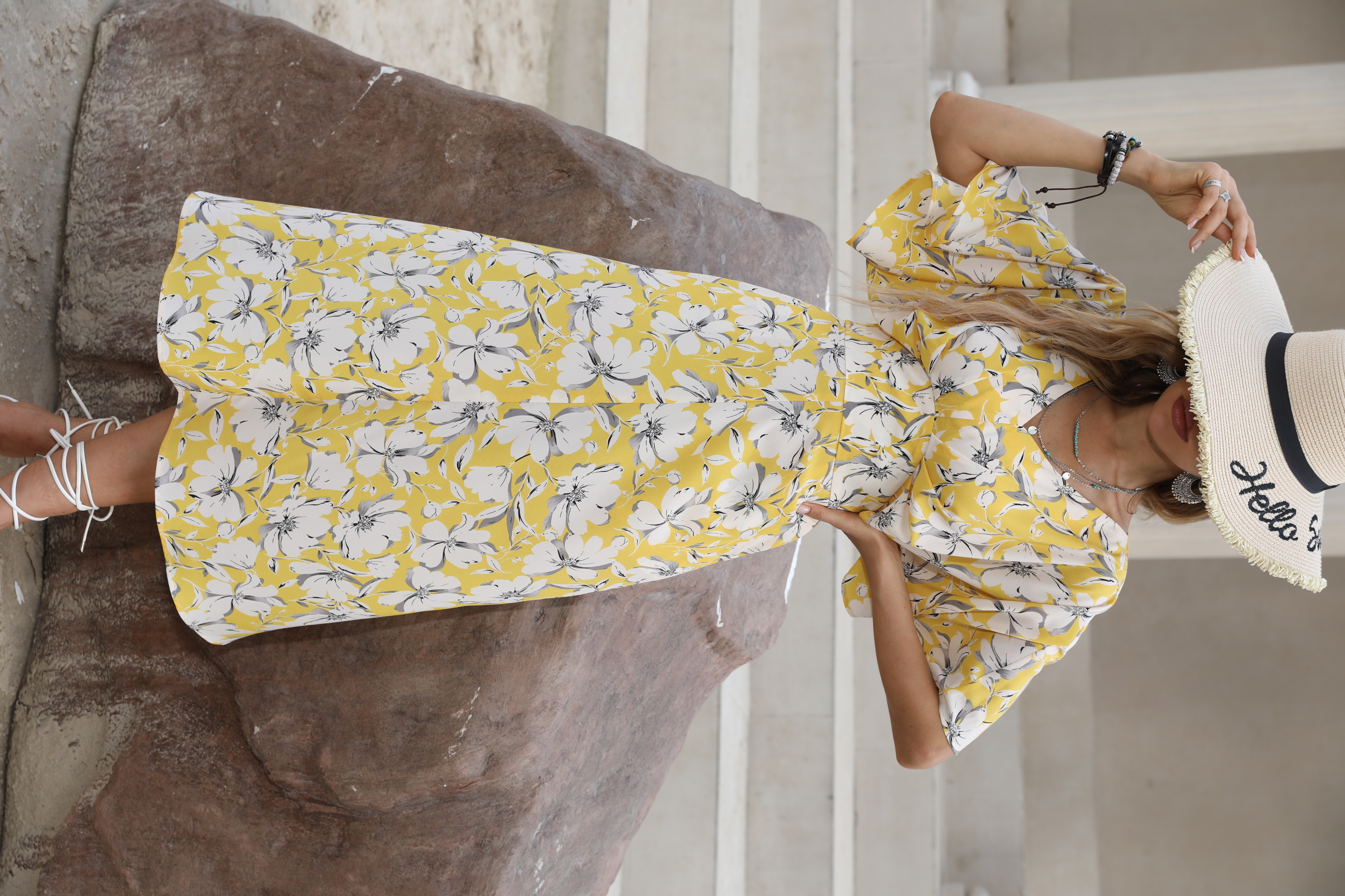 Women’s Yellow Floral V-Neck Midi Dress W-32793-1