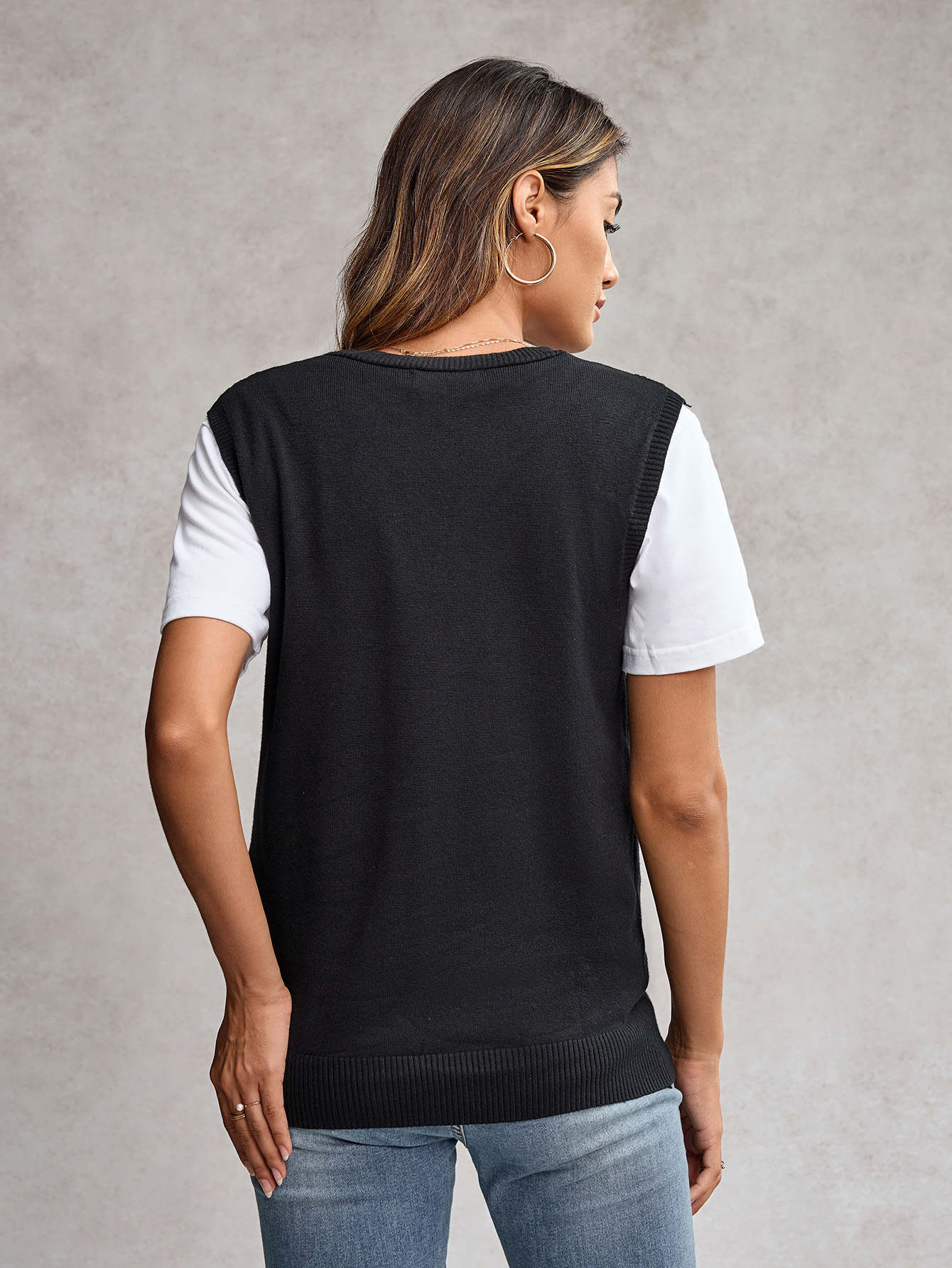 High Elasticity Knit Button Opening Placket Sleeveless Sweater