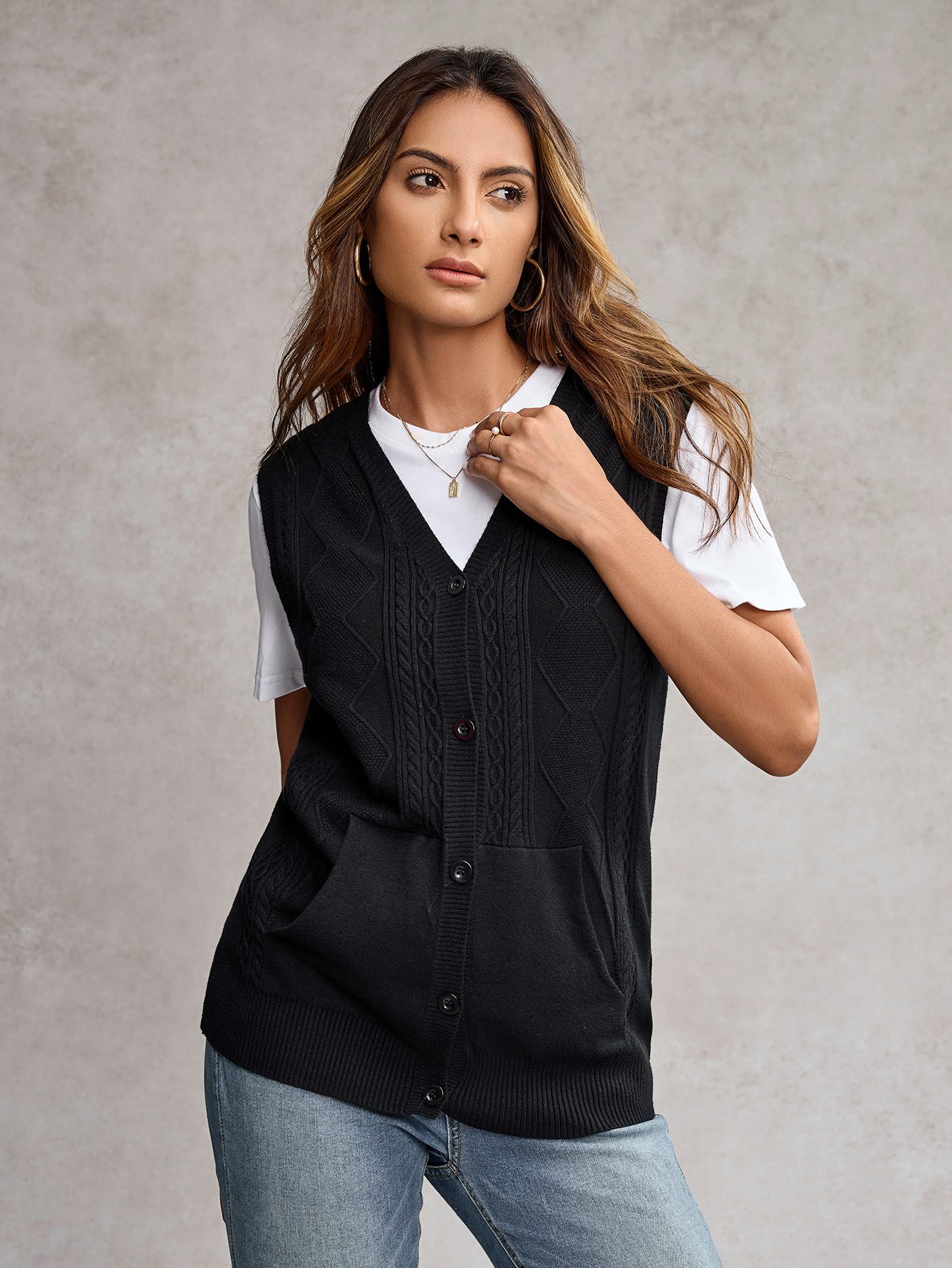 High Elasticity Knit Button Opening Placket Sleeveless Sweater