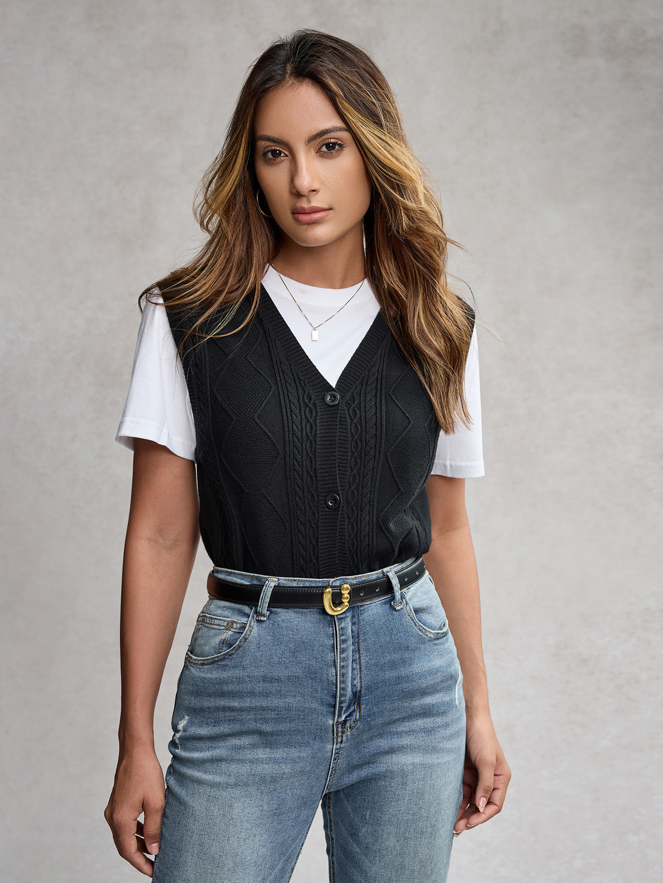 High Elasticity Knit Button Opening Placket Sleeveless Sweater