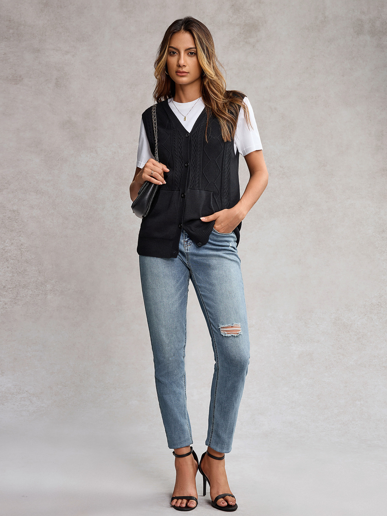 High Elasticity Knit Button Opening Placket Sleeveless Sweater