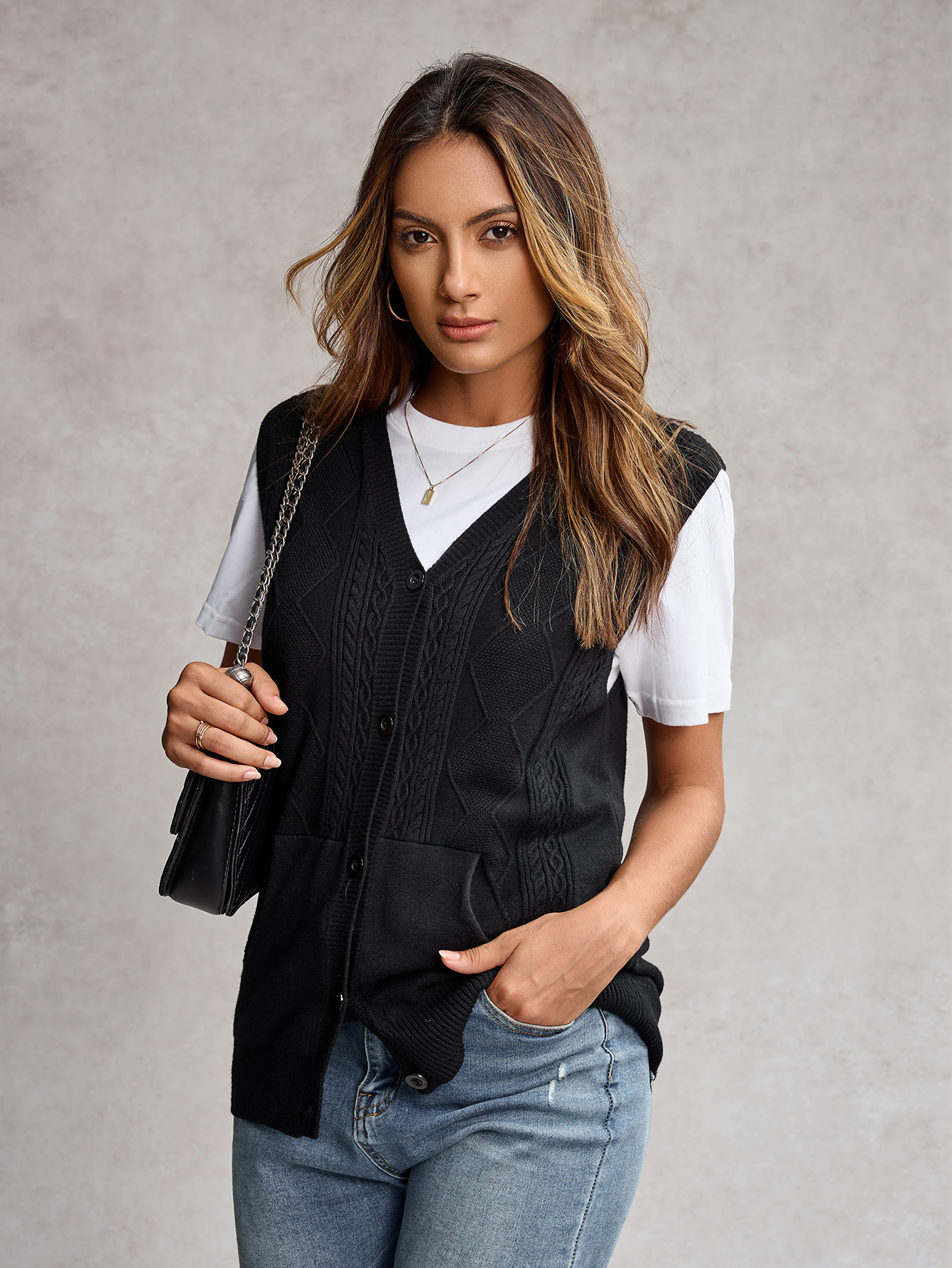 High Elasticity Knit Button Opening Placket Sleeveless Sweater