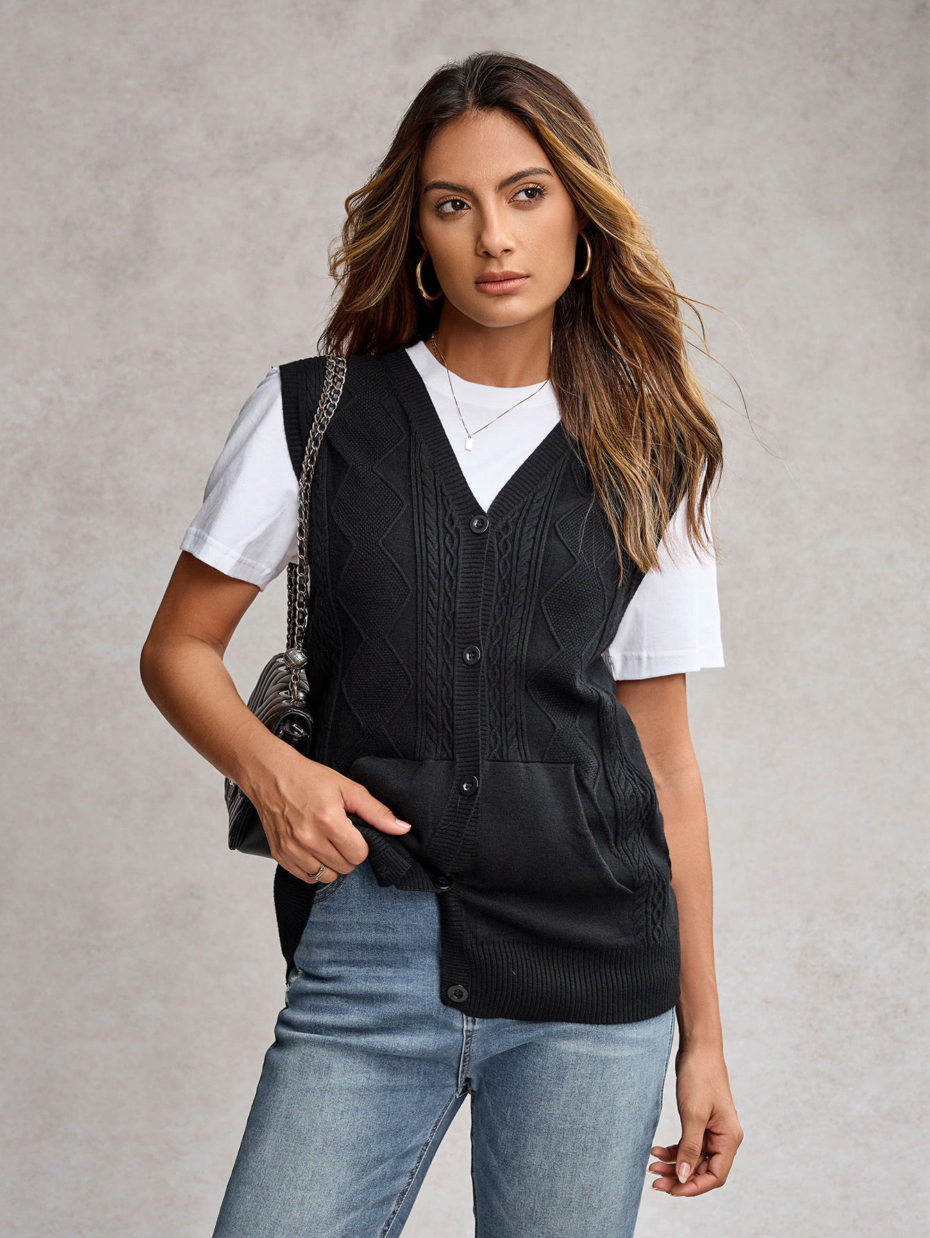 High Elasticity Knit Button Opening Placket Sleeveless Sweater