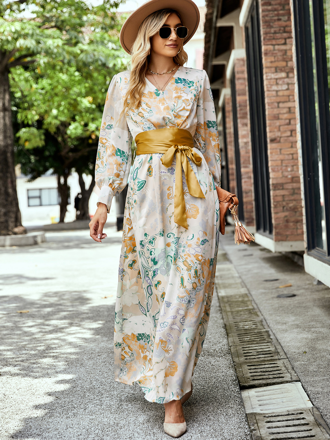 Floral Tie Waist Maxi Dress with Long Sleeves W-33451