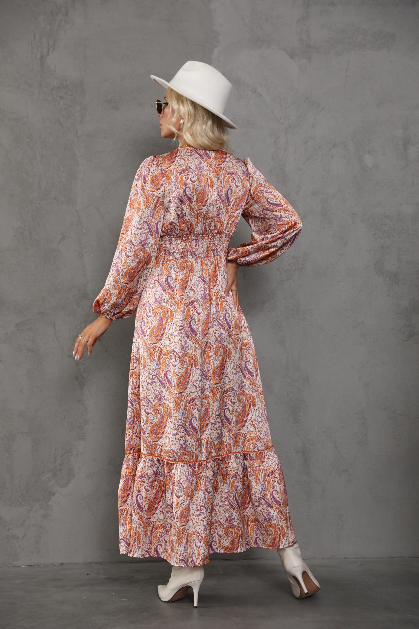 Women’s Boho Paisley V Neck Smocked Tiered Maxi Dress M-33237