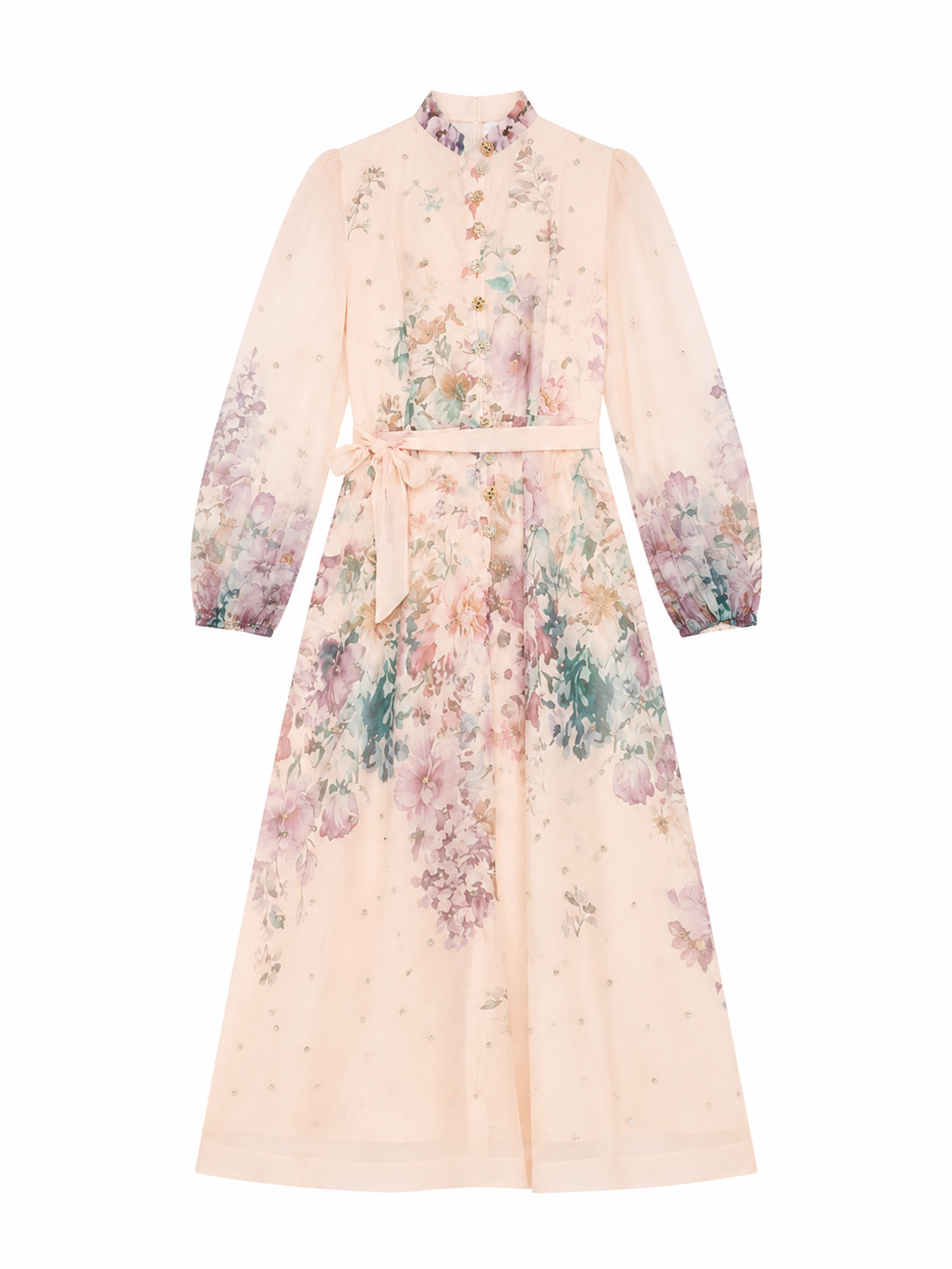 Women's Sparkly Rhinestone Floral Print Maxi Dress, Stand‑Collar Puff‑Long‑Sleeve Sash‑Tie‑Waist Romantic Flowy Gown LA-030411