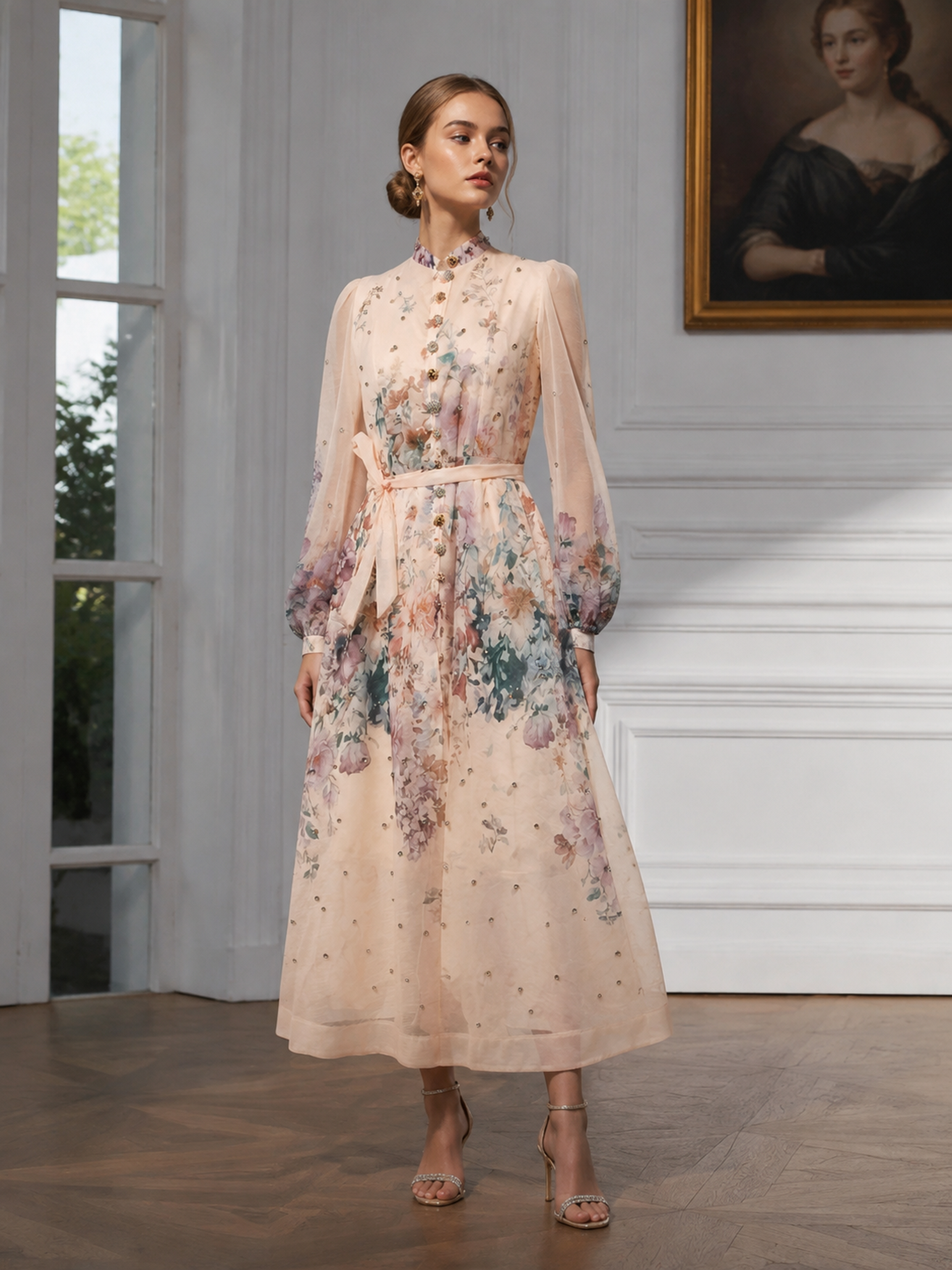Women's Sparkly Rhinestone Floral Print Maxi Dress, Stand‑Collar Puff‑Long‑Sleeve Sash‑Tie‑Waist Romantic Flowy Gown LA-030411