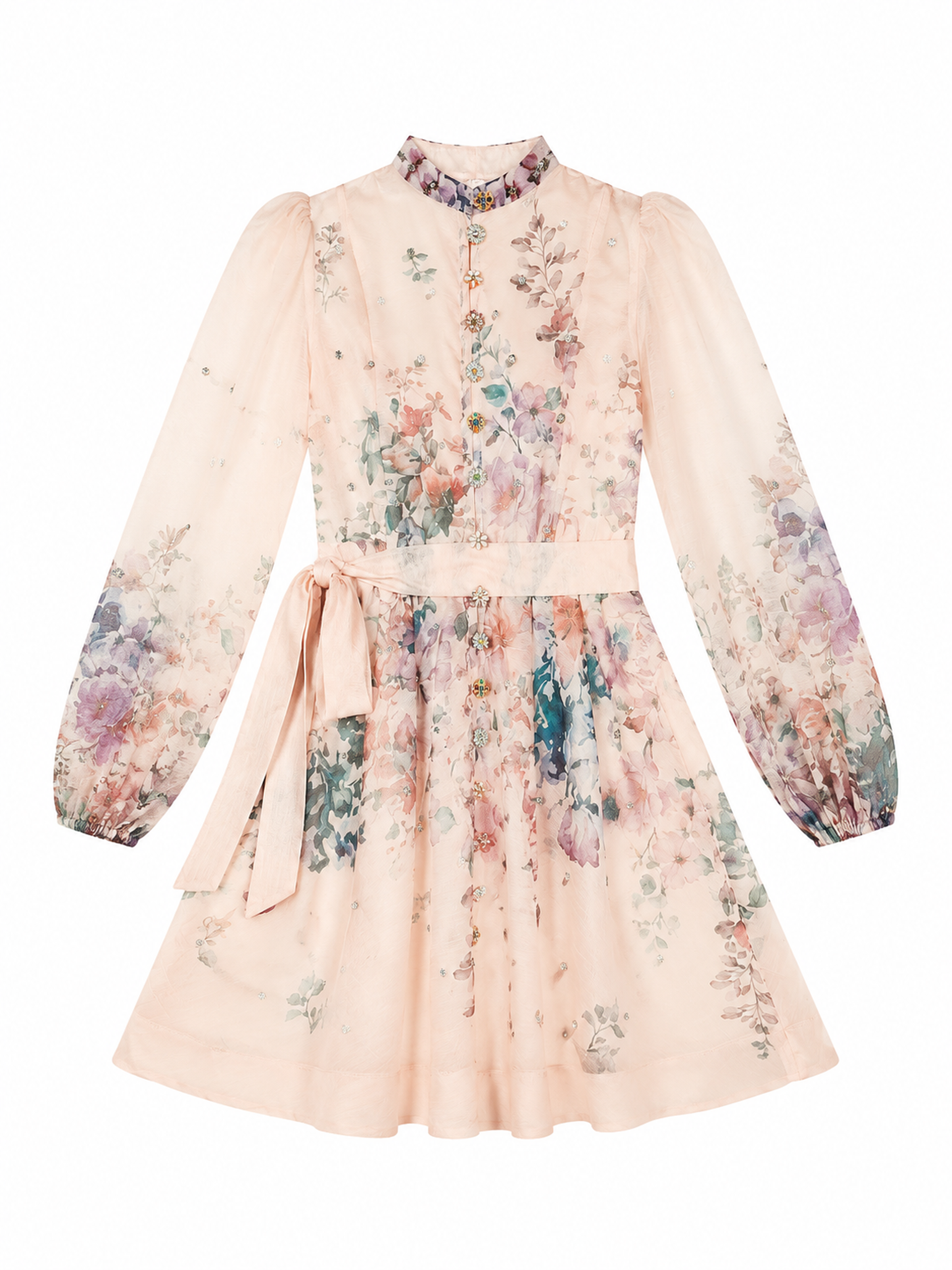 Women's Sparkly Rhinestone Watercolor Floral Mini Dress, Stand‑Collar Puff‑Long‑Sleeve Sash‑Tie‑Waist Romantic Flowy Short Gown LA-030412