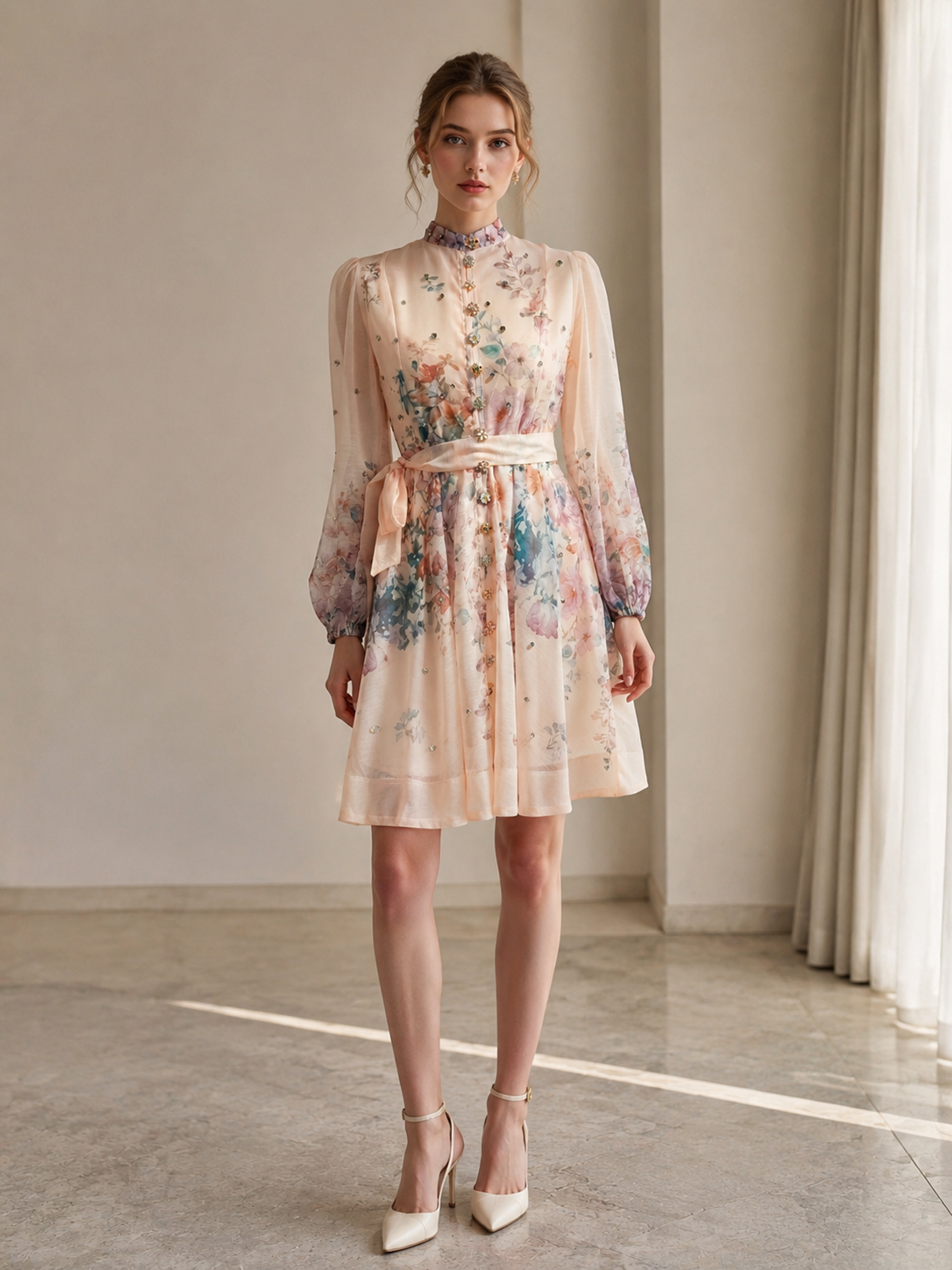 Women's Sparkly Rhinestone Watercolor Floral Mini Dress, Stand‑Collar Puff‑Long‑Sleeve Sash‑Tie‑Waist Romantic Flowy Short Gown LA-030412