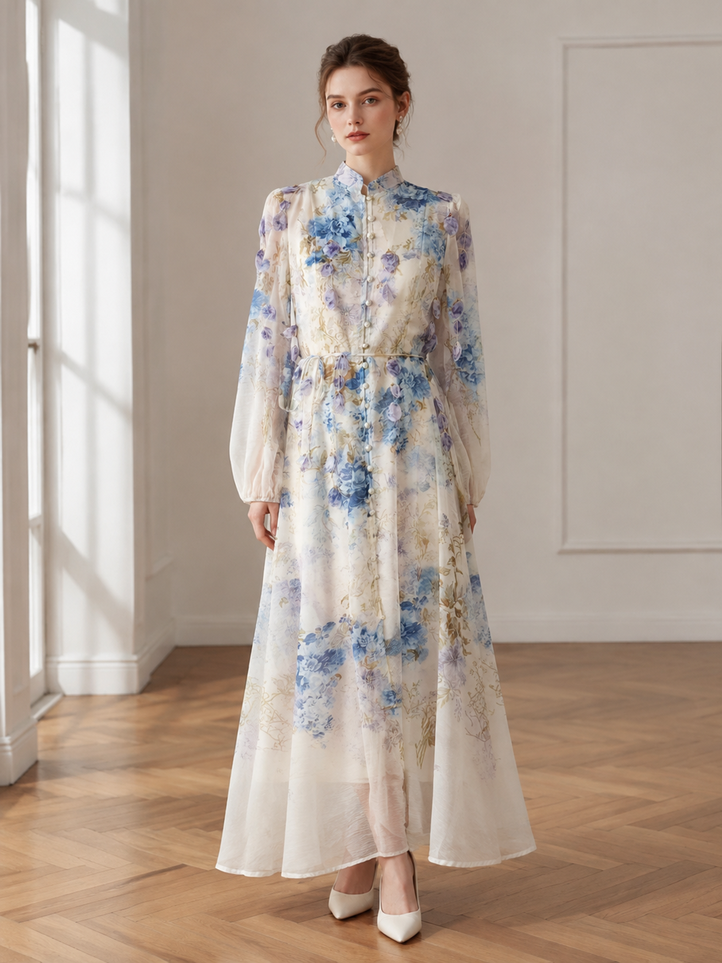 Chic Fairy‑Style 3D Flower Maxi Gown, Women Stand‑Collar Puff‑Long‑Sleeve Self‑Tie‑Waist Flowy Beach Vacation Dress LA-030418