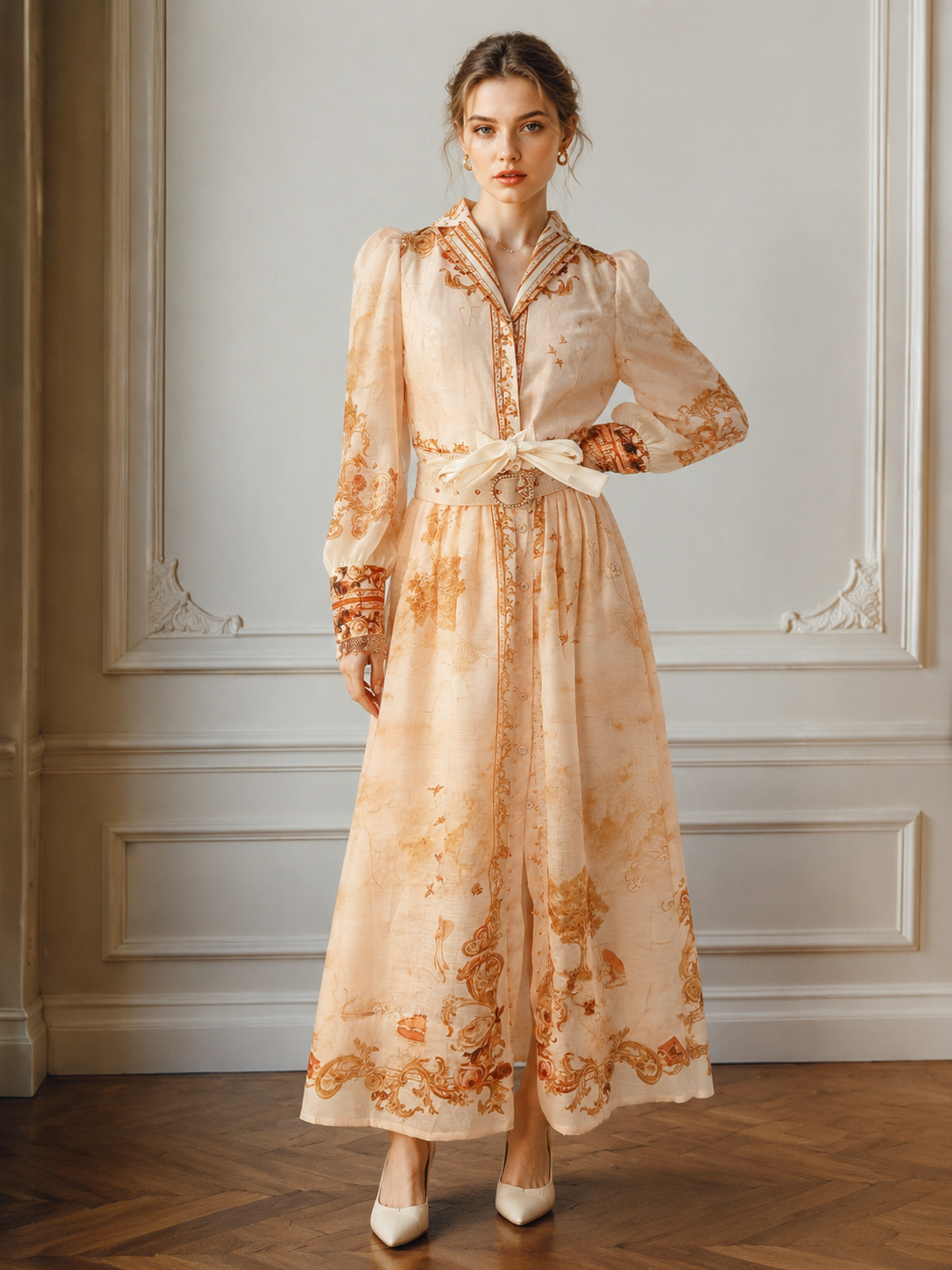 Women's Vintage Oil‑Painting Print Maxi Dress, Sailor‑V‑Collar Puff‑Long‑Sleeve Double‑Belted Romantic Flowy Long Gown LA-030421 