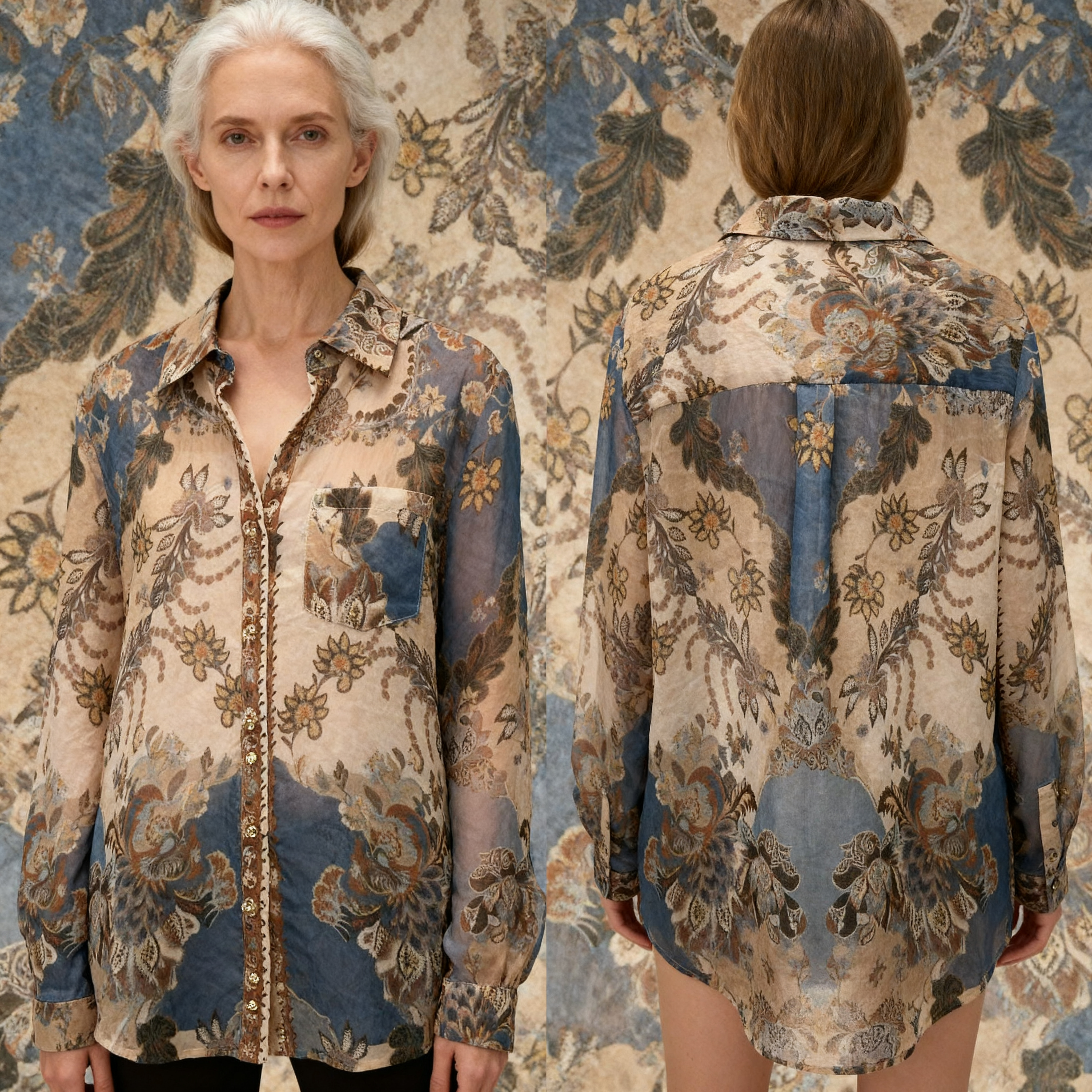 Women’s Boho Floral Chiffon Long Sleeve Button Down Blouse M-41907