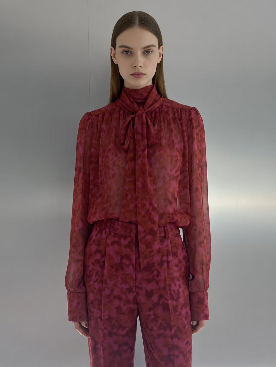 Women’s Printed Tie Neck Sheer Chiffon Long Sleeve Blouse XW-251209