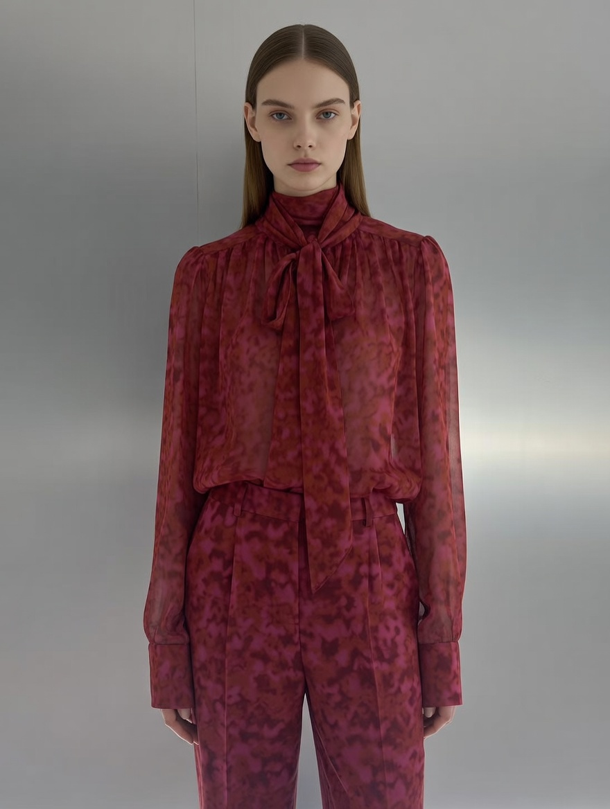 Women’s Printed Tie Neck Sheer Chiffon Long Sleeve Blouse XW-251209