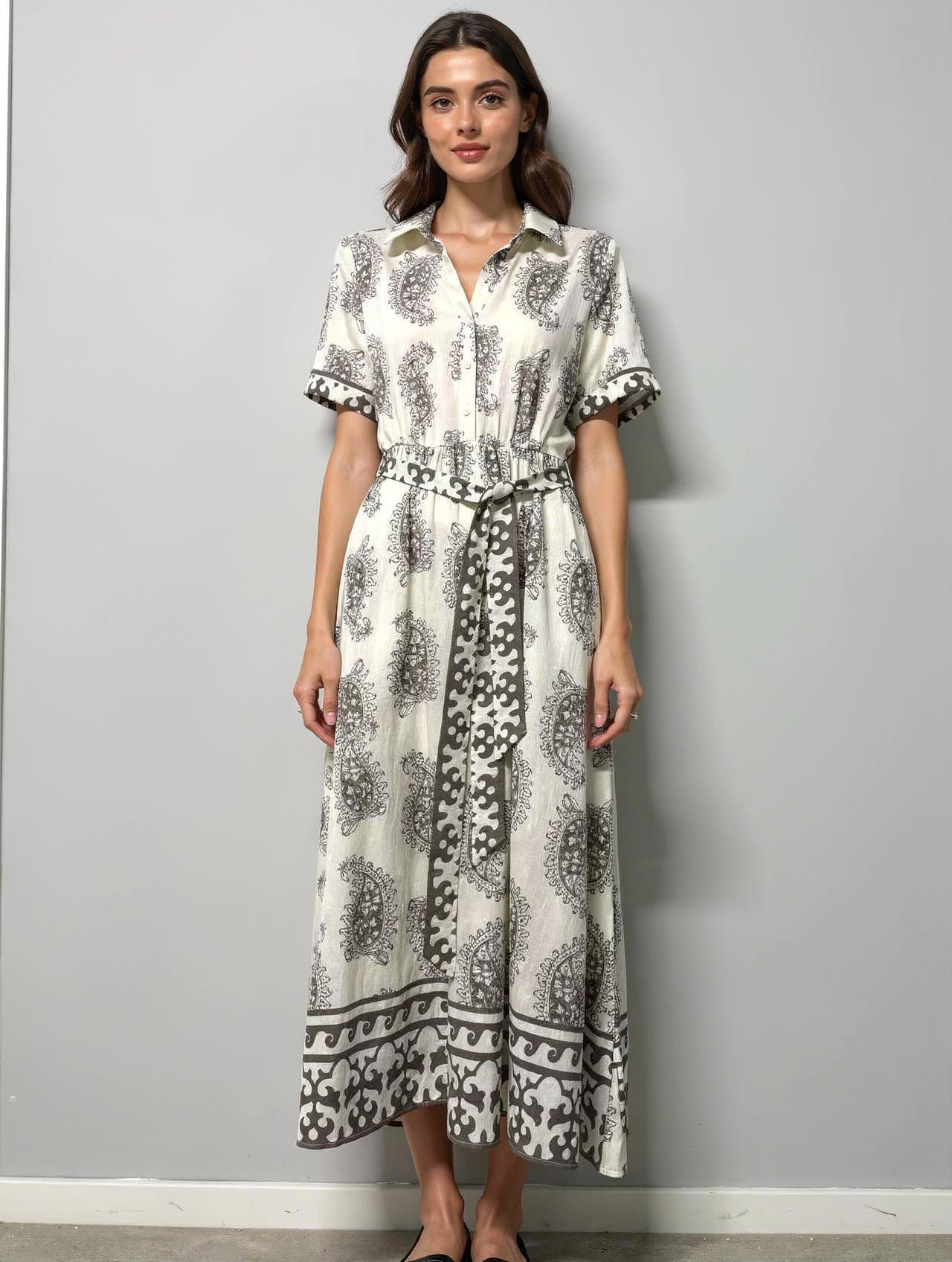 Women’s Boho Paisley Print Belted Midi Shirt Dress D-42275
